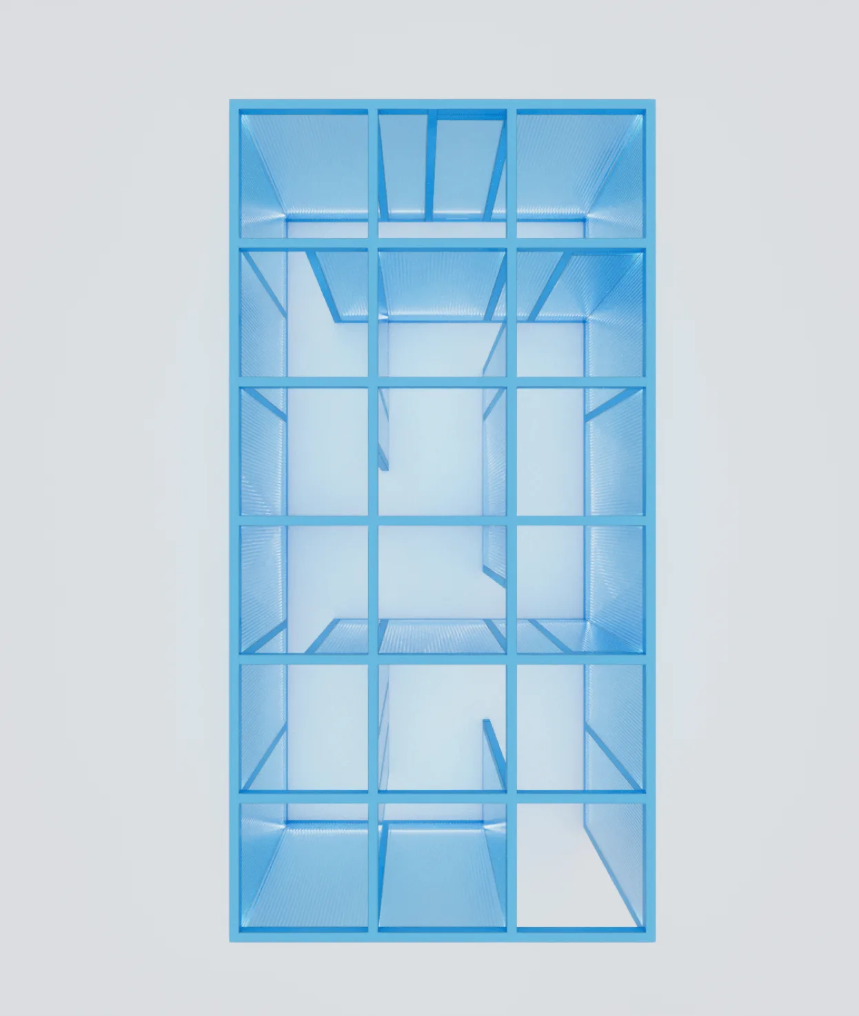 A blue, rectangular, grid-like shelving unit with 15 compartments, viewed from above against a light background. Some compartments contain partial walls, creating an abstract geometric pattern.
