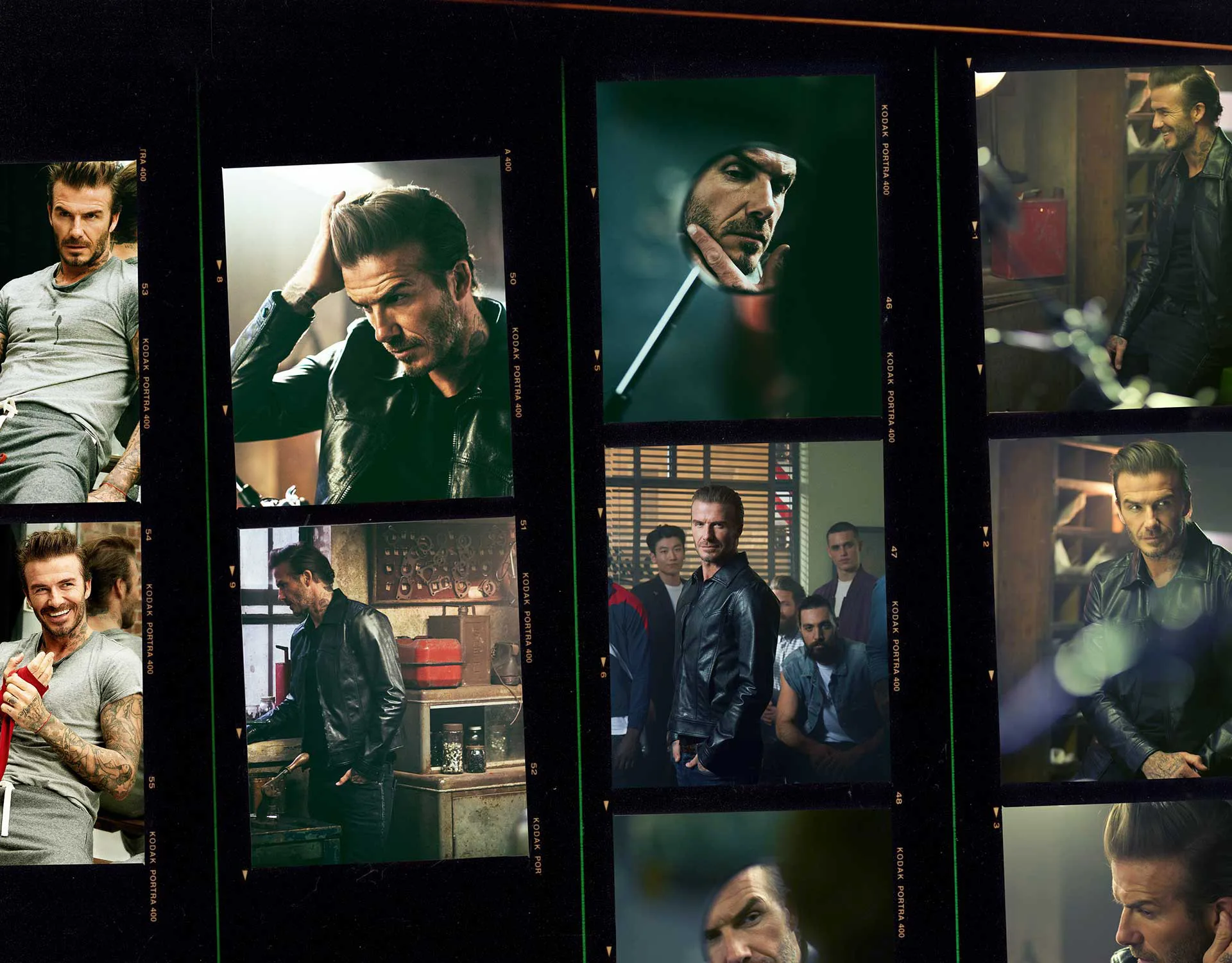 A collage of filmstrip-style photos featuring David Beckham with styled hair in various poses, including looking in a mirror, wearing a leather jacket, and standing in a workshop with other men in the background.