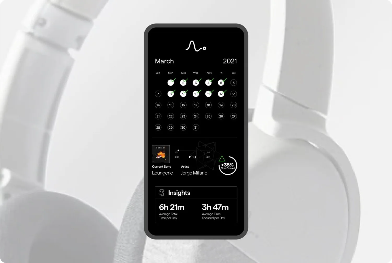A smartphone displays a music tracking app with a calendar view for March 2021, showing listening insights, current song and artist, and daily listening statistics, against a blurred background of white headphones.