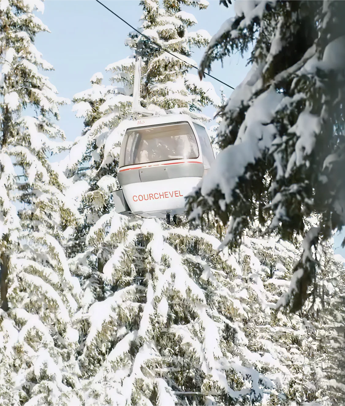 A Courchevel gondola ascends through snow-covered pine trees against a clear blue sky, highlighting a scenic winter landscape in the mountains.