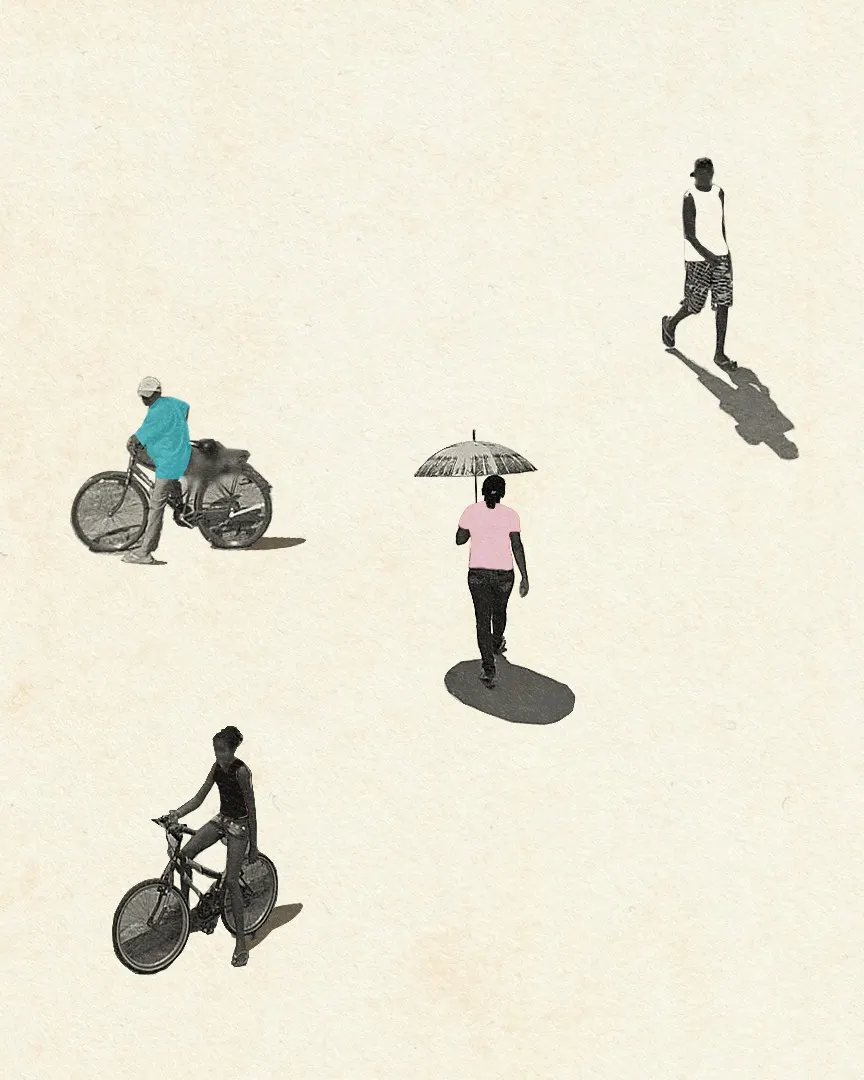 Minimalist illustration of two people riding bicycles and two people walking, one holding an umbrella. Figures are spaced apart on a light, textured background, casting distinct shadows.