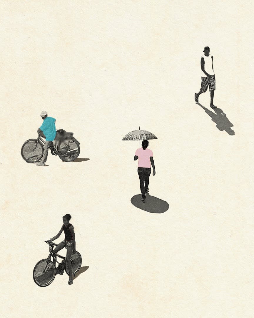 Minimalist illustration of two people riding bicycles and two people walking, one holding an umbrella. Figures are spaced apart on a light, textured background, casting distinct shadows.