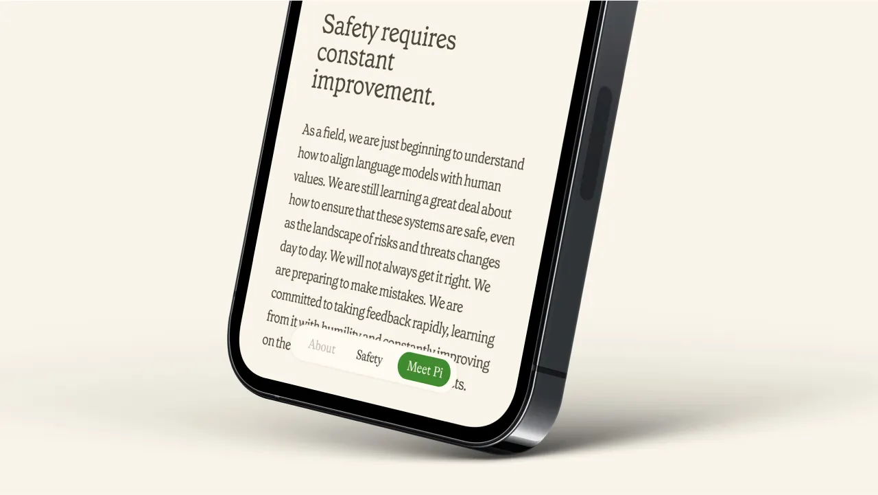 A smartphone screen displays text about the need for constant safety improvement in AI models, with navigation buttons labeled About, Safety, and Meet Pt. visible at the bottom.