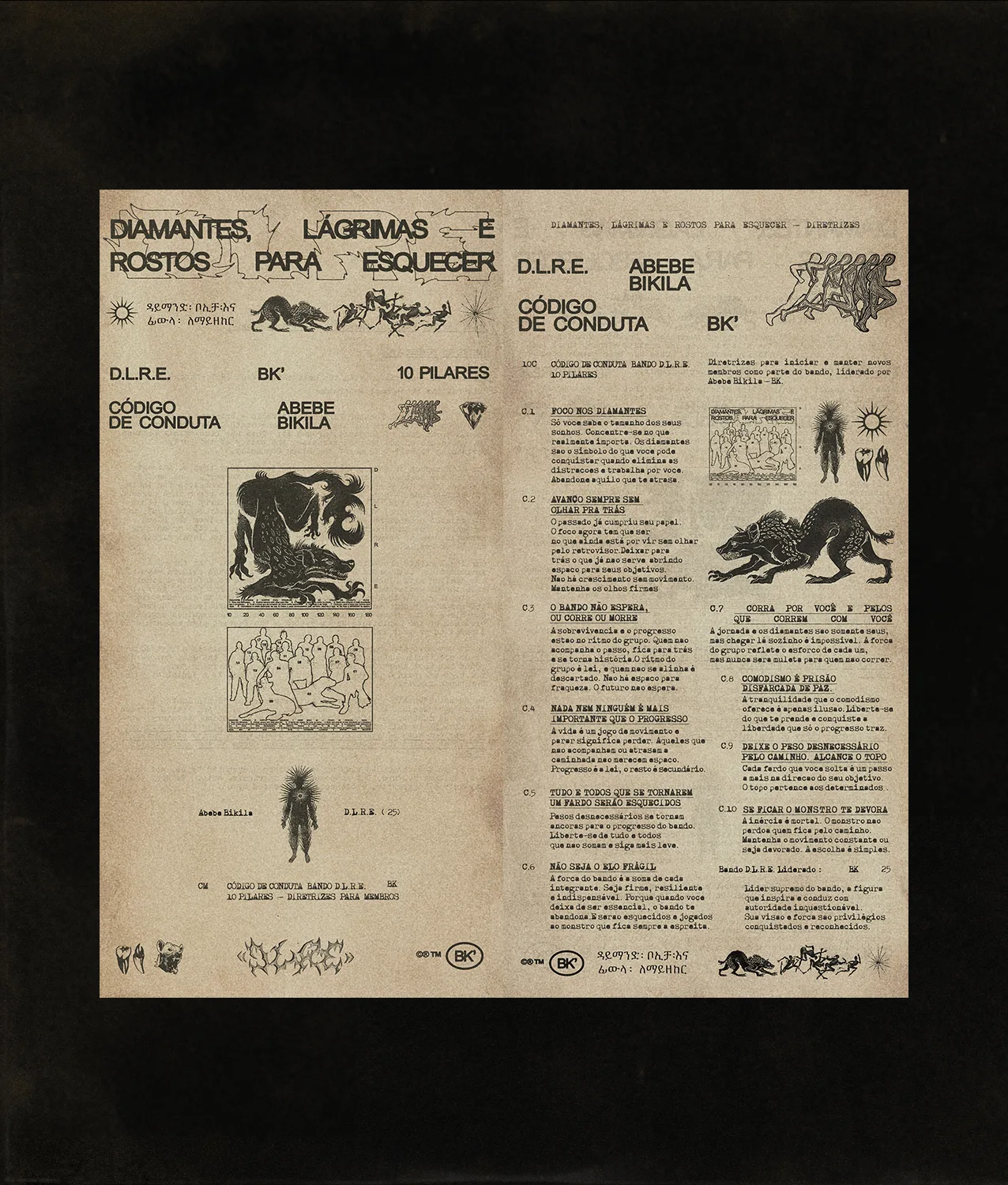 A vintage-style booklet with text in Portuguese, various illustrations including animals, abstract designs, and human figures, presented in black ink on a beige background. The layout is organized into columns and decorative sections.