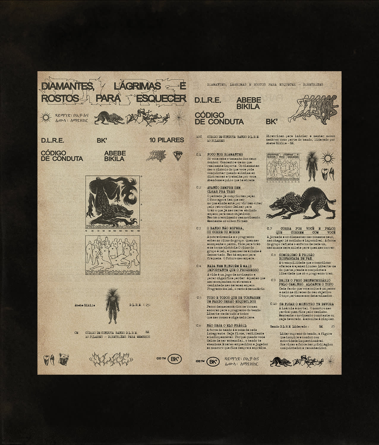 A vintage-style booklet with text in Portuguese, various illustrations including animals, abstract designs, and human figures, presented in black ink on a beige background. The layout is organized into columns and decorative sections.