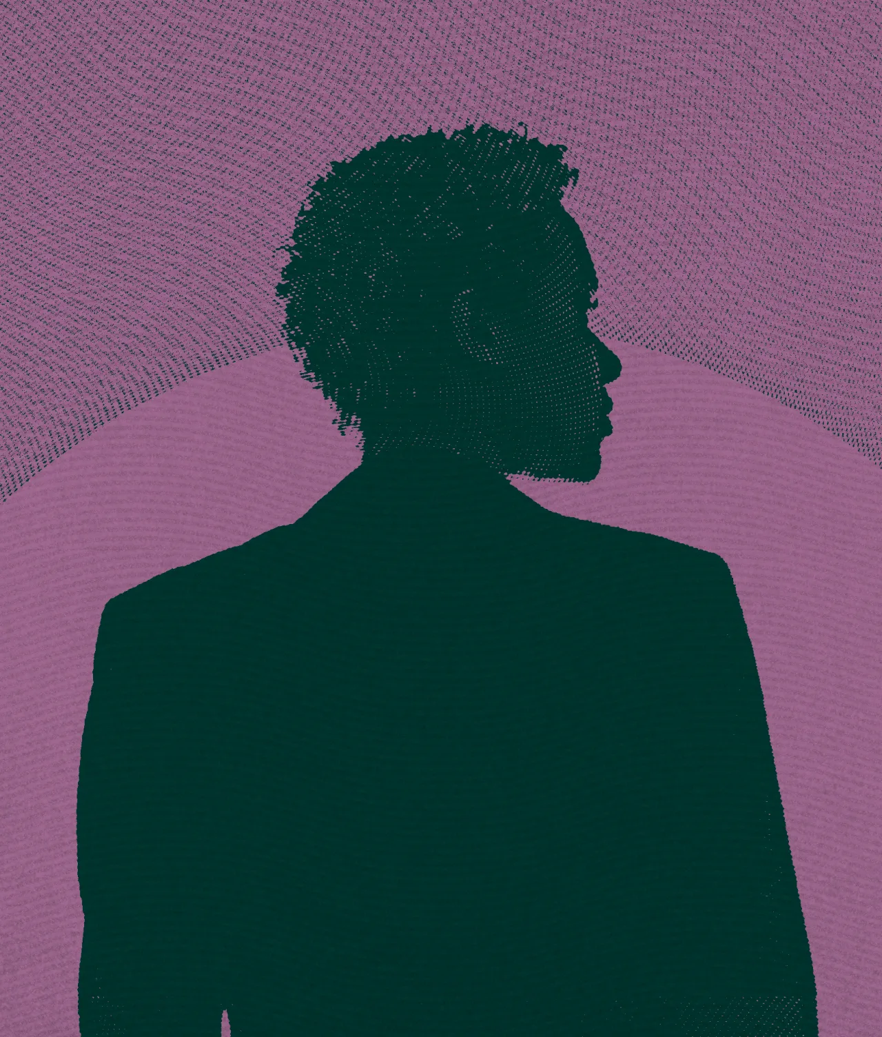 A silhouette of a person with short curly hair and a blazer, facing away against a textured, purple background with curved line patterns.