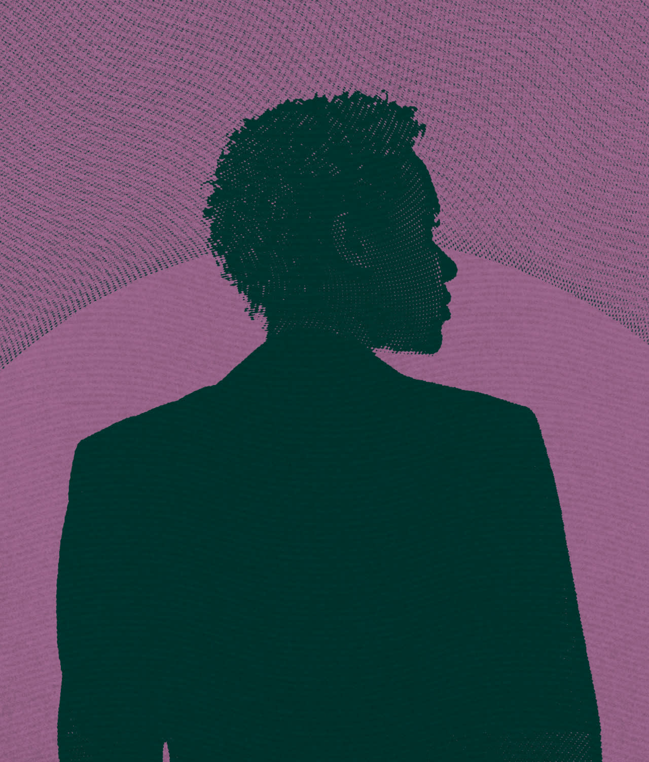 A silhouette of a person with short curly hair and a blazer, facing away against a textured, purple background with curved line patterns.
