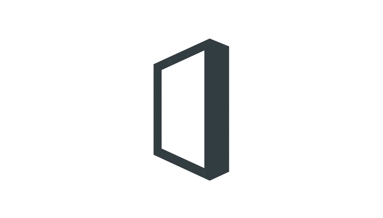 A simple black outline of an open door, viewed from an angle on a white background.