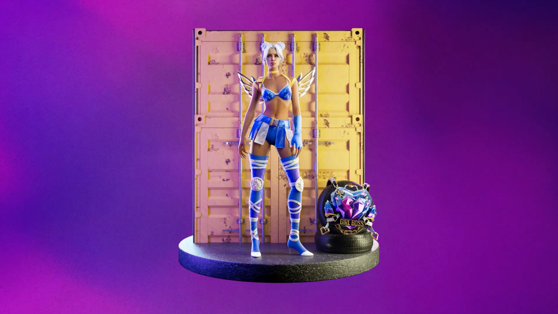 A female character in blue and white fantasy-inspired attire and wings stands on a round platform with a yellow shipping container behind her and a small, colorful monster beside her, against a purple background.