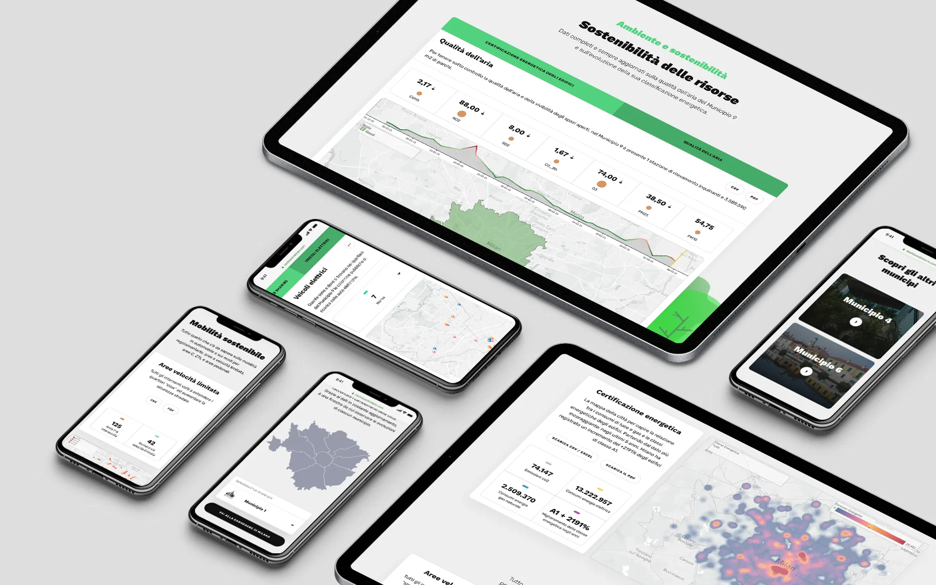 A tablet and five smartphones display various maps, charts, and data visualizations on screens with green and white design elements, arranged on a light gray surface.