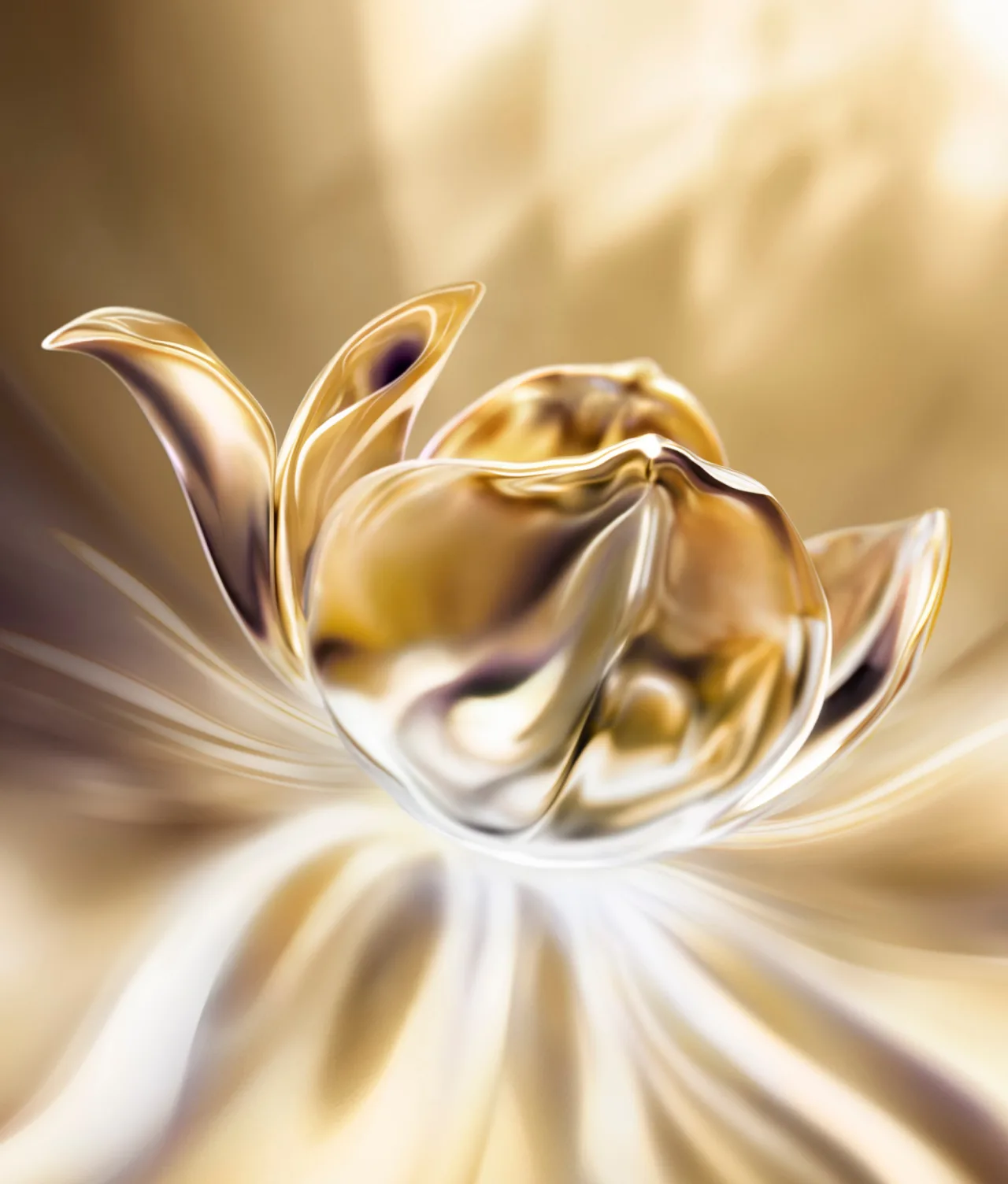 A digitally rendered abstract flower in golden and silver tones, with shiny, smooth petals and a soft, radiant background creating a luminous, elegant effect.