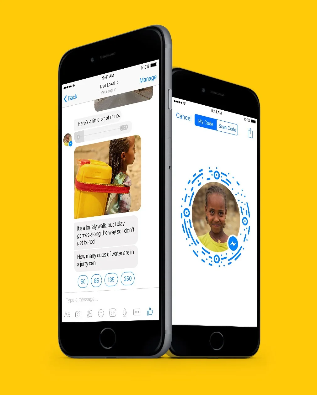 Two smartphones are displayed. One shows a chat about a girl carrying a yellow water container; the other displays a profile photo of the girl inside a circular messenger code. The background is bright yellow.
