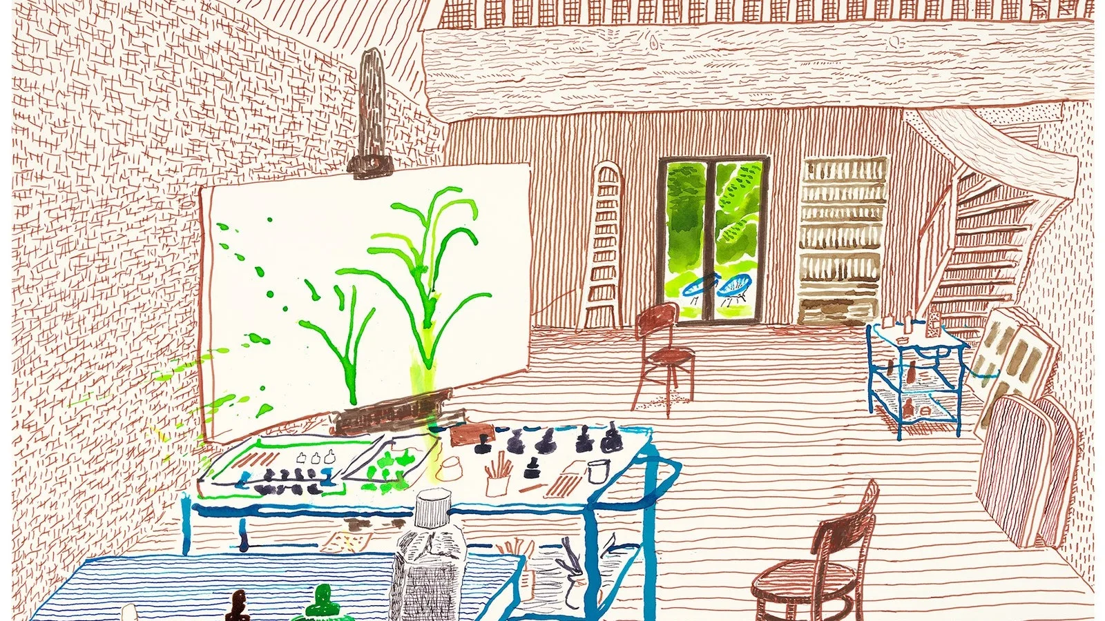 A colorful illustration of an artist’s studio with wooden floors, a large canvas with green paint, art supplies on tables, scattered chairs, bookshelves, and open doors revealing greenery outside.