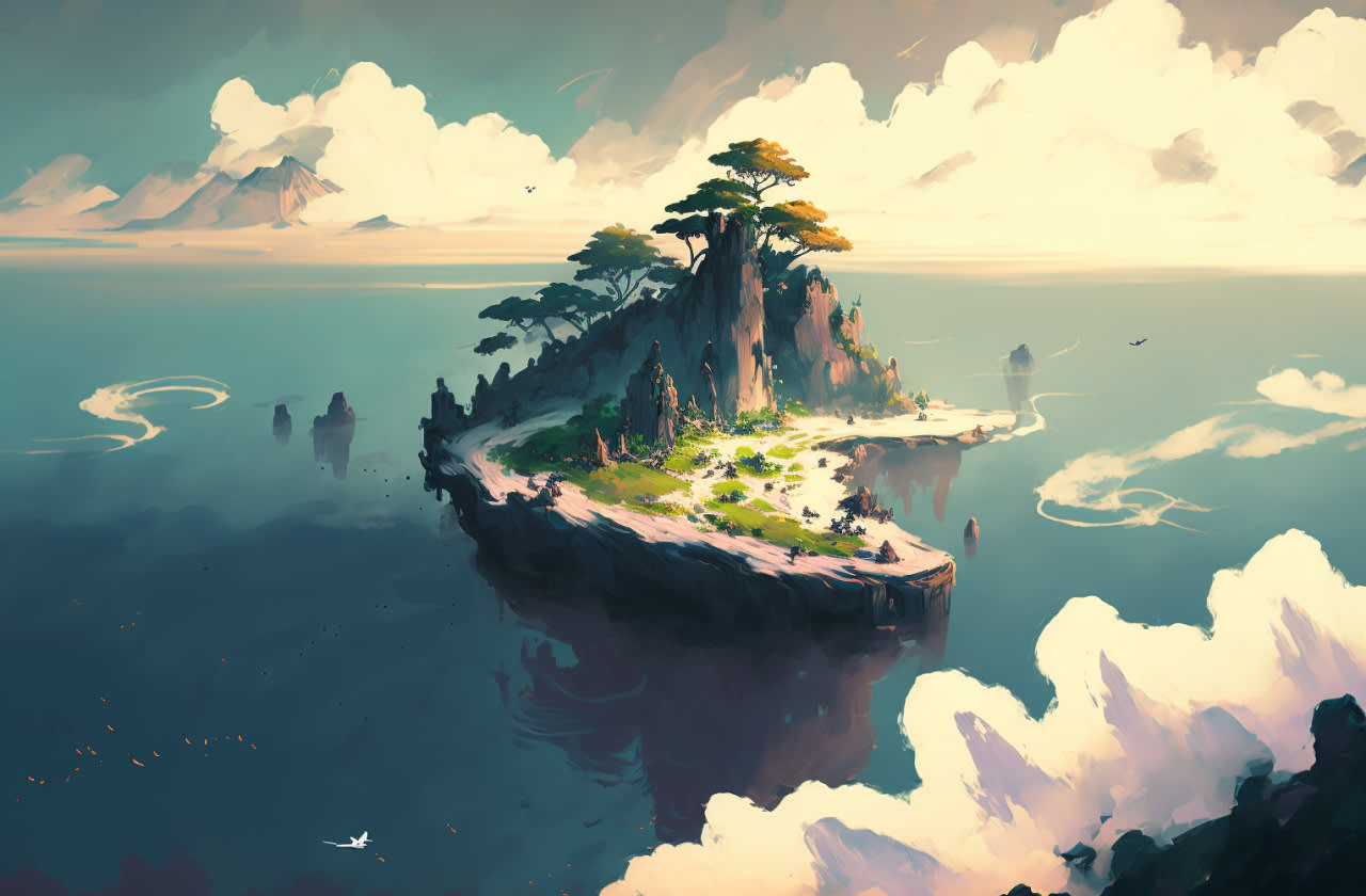 A lush, green island with tall cliffs and trees rises from calm blue water under a bright sky with clouds, surrounded by distant mountains and birds flying overhead.