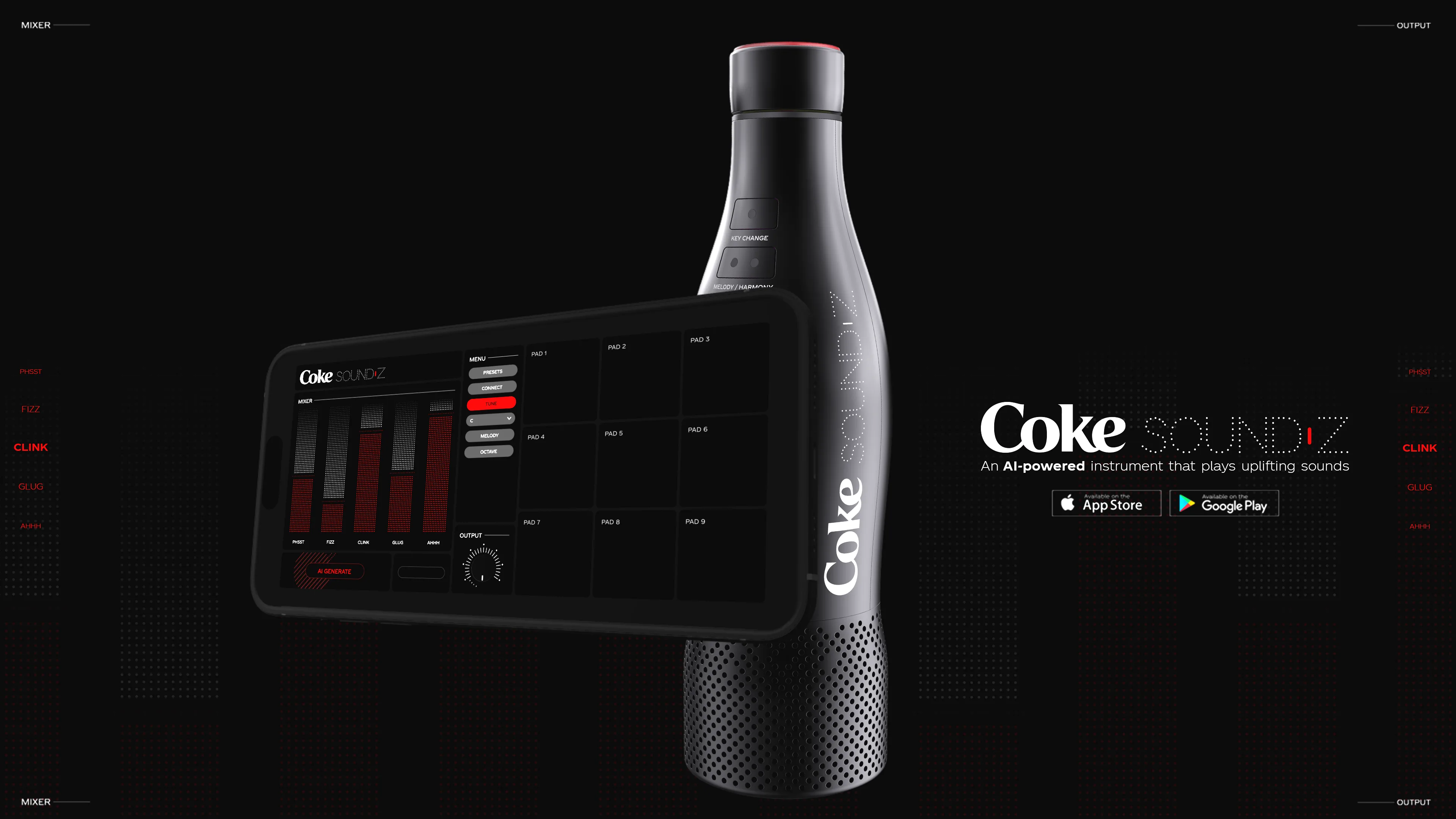 A sleek black Coke bottle labeled Coke Soundz stands behind a digital touchscreen interface displaying music controls and sound bars, with App Store and Google Play logos visible on a dark background.