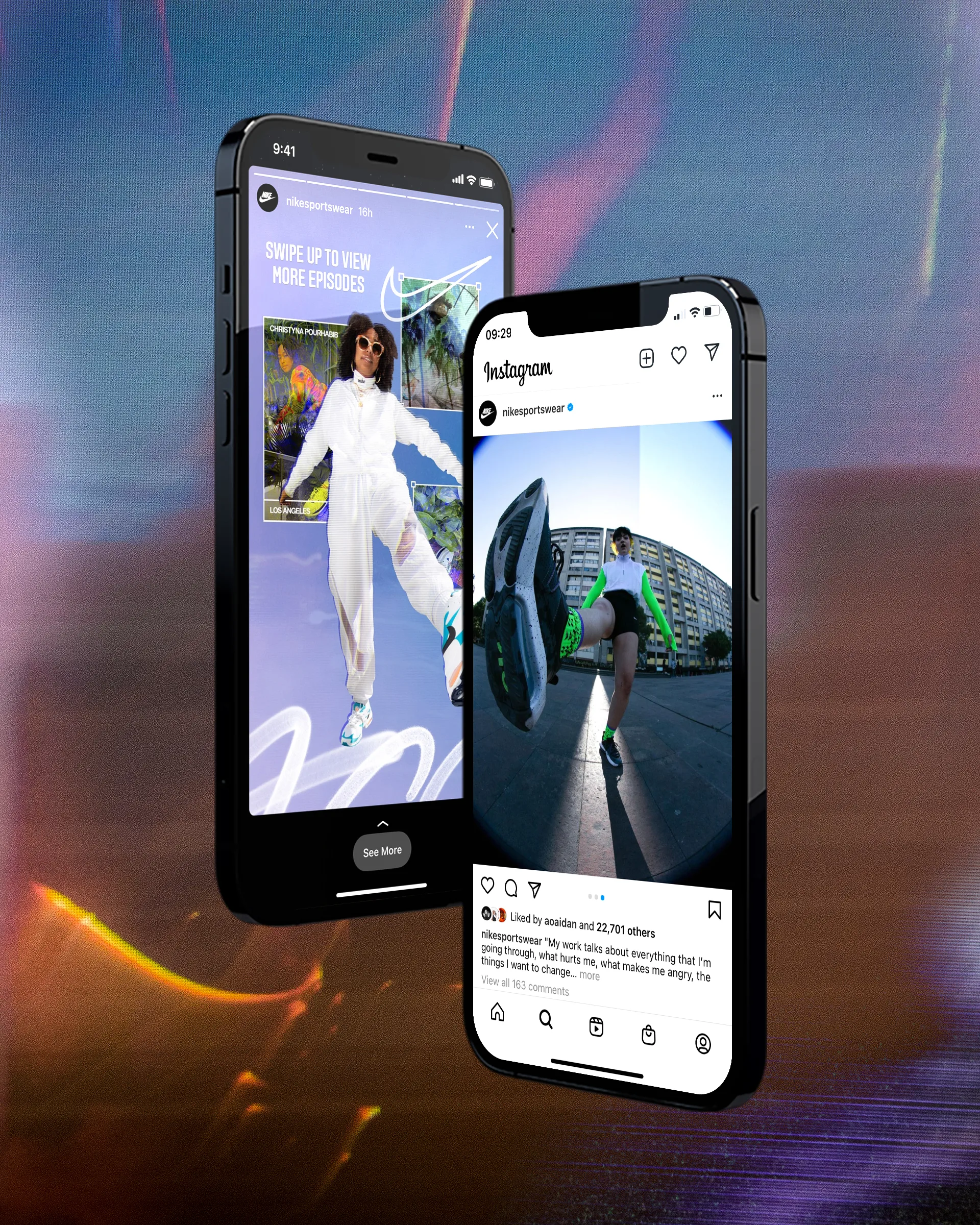 Two smartphones display social media posts featuring people posing in urban settings; one phone shows an Instagram Story with a swipe-up link, while the other displays an Instagram feed post with likes and comments visible.
