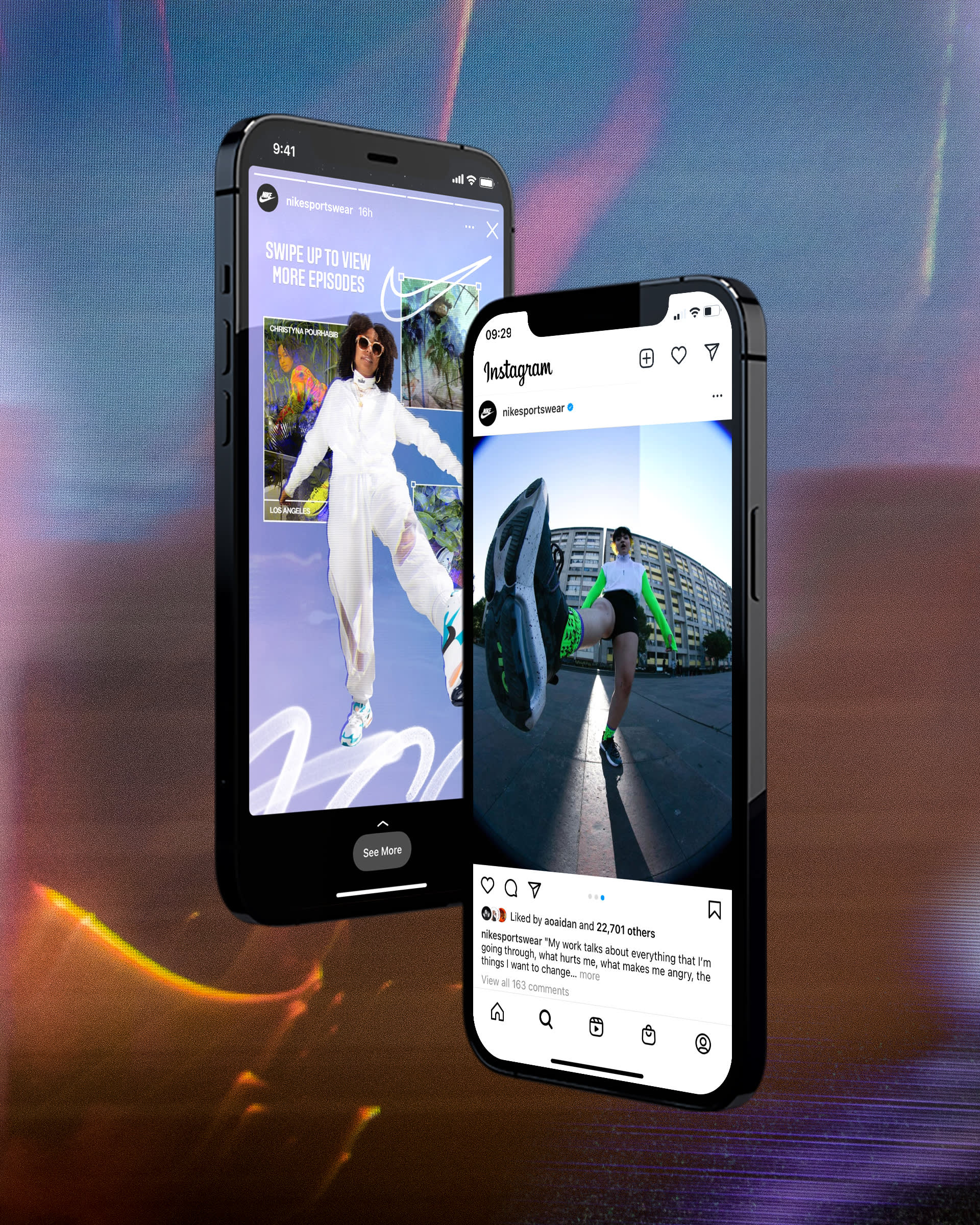 Two smartphones display social media posts featuring people posing in urban settings; one phone shows an Instagram Story with a swipe-up link, while the other displays an Instagram feed post with likes and comments visible.