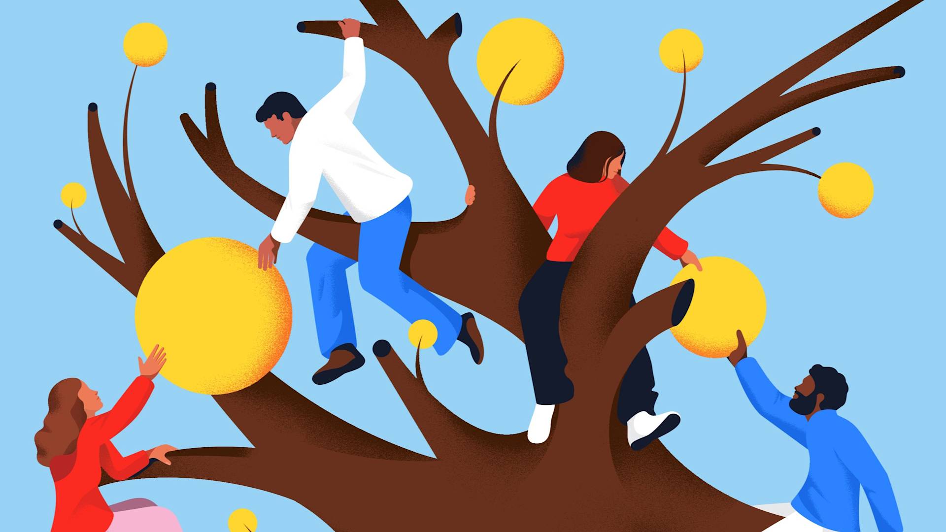 Four people climb a large brown tree with yellow circular objects on its branches, reaching for the objects against a light blue sky. They wear bright red, white, blue, and black clothing.
