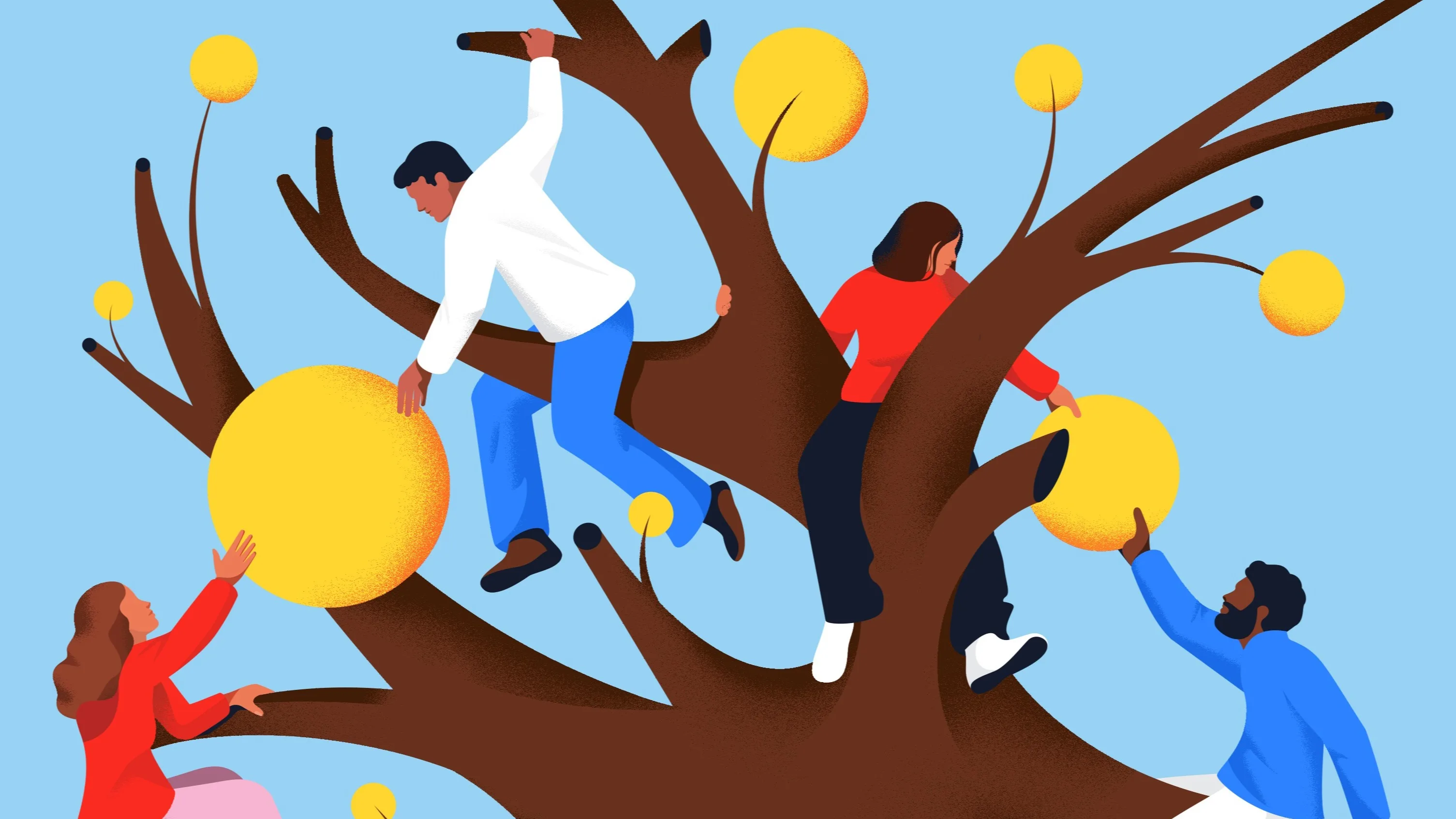Four people climb a large brown tree with yellow circular objects on its branches, reaching for the objects against a light blue sky. They wear bright red, white, blue, and black clothing.