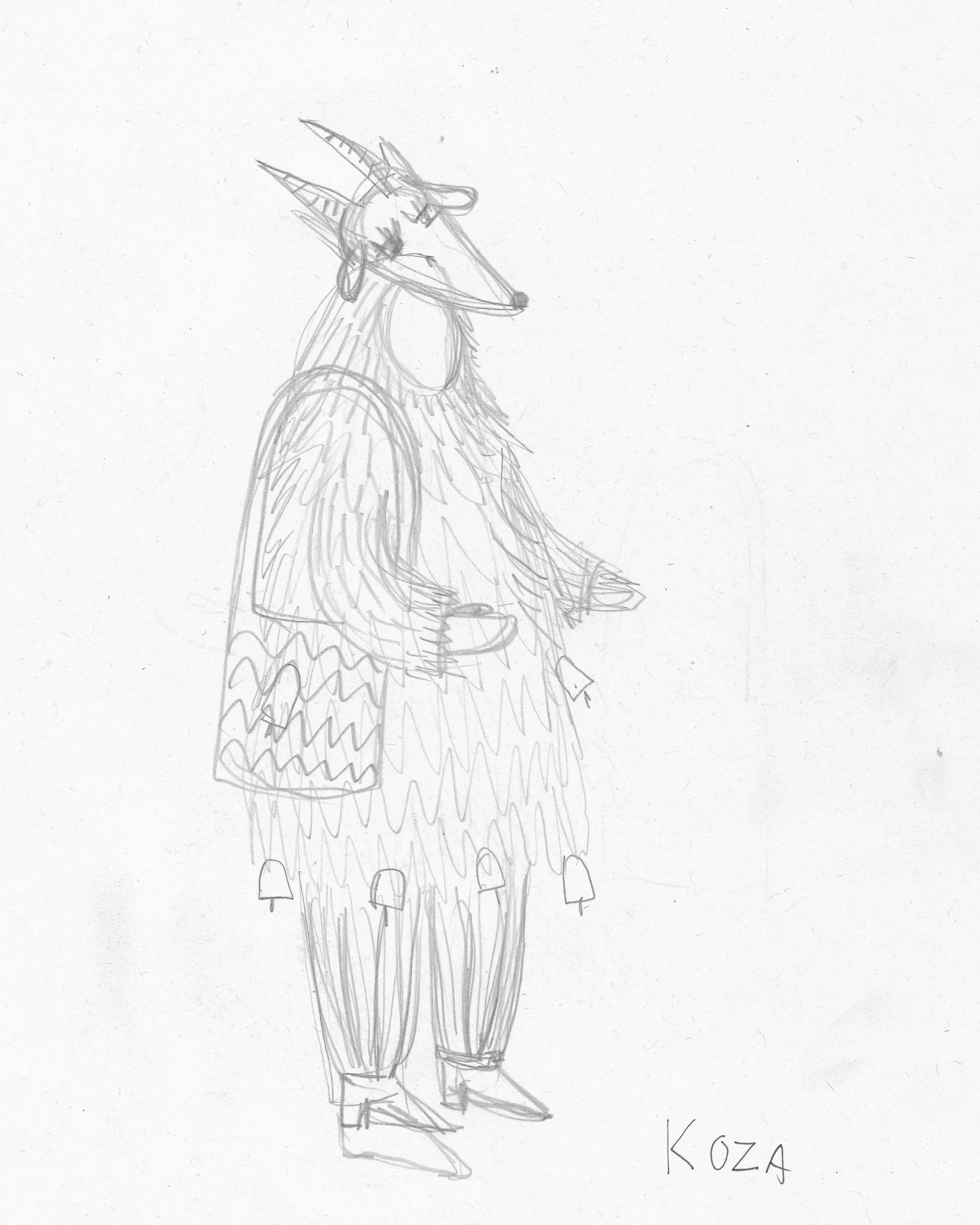 A pencil sketch of a standing figure wearing a goat mask with horns and a furry costume adorned with small hanging bells. The word Koza is written in the bottom right corner.