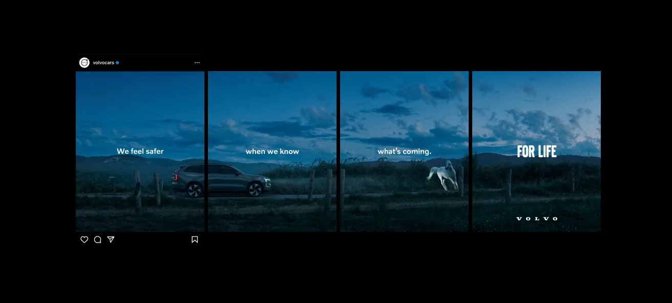 A Volvo SUV drives down a rural road at dusk. Text reads, We feel safer when we know whats coming. FOR LIFE. A deer jumps over a fence ahead of the car, highlighting road safety. Volvo logo is visible.