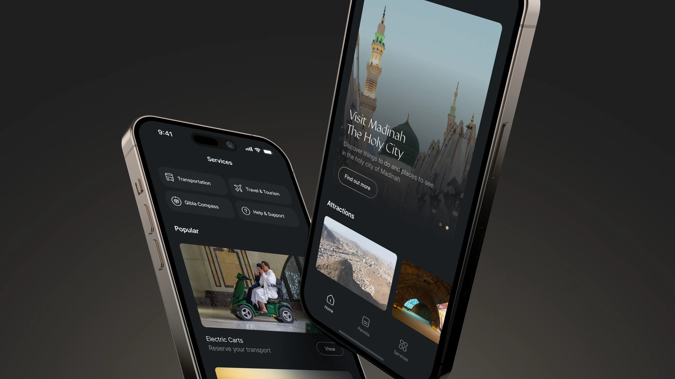 Two smartphones display a travel app interface featuring destinations, transportation services, and popular attractions, with images of a mosque, a person on a scooter, and scenic landscapes.