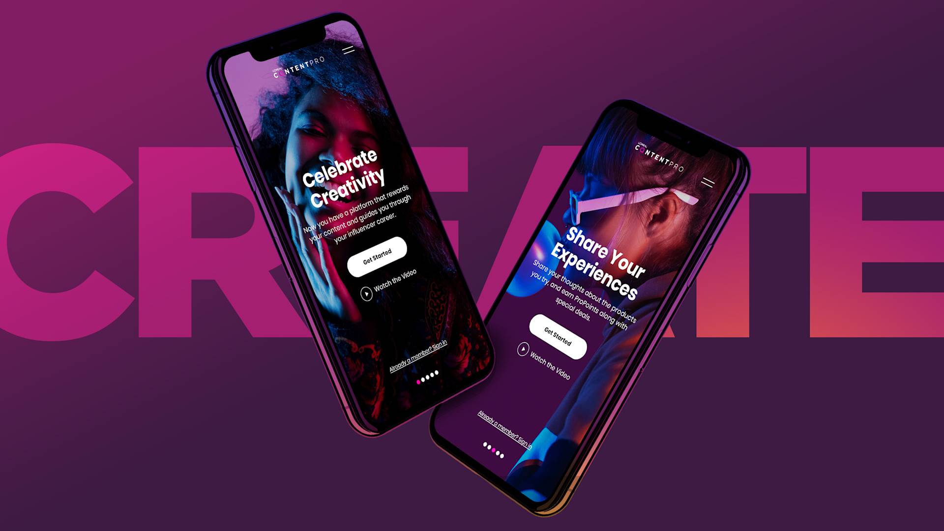Two smartphones displaying vibrant app screens; one reads Celebrate Creativity with a joyful person, the other Share Your Experiences with hands in a heart shape, on a purple background with large text CREATE behind them.