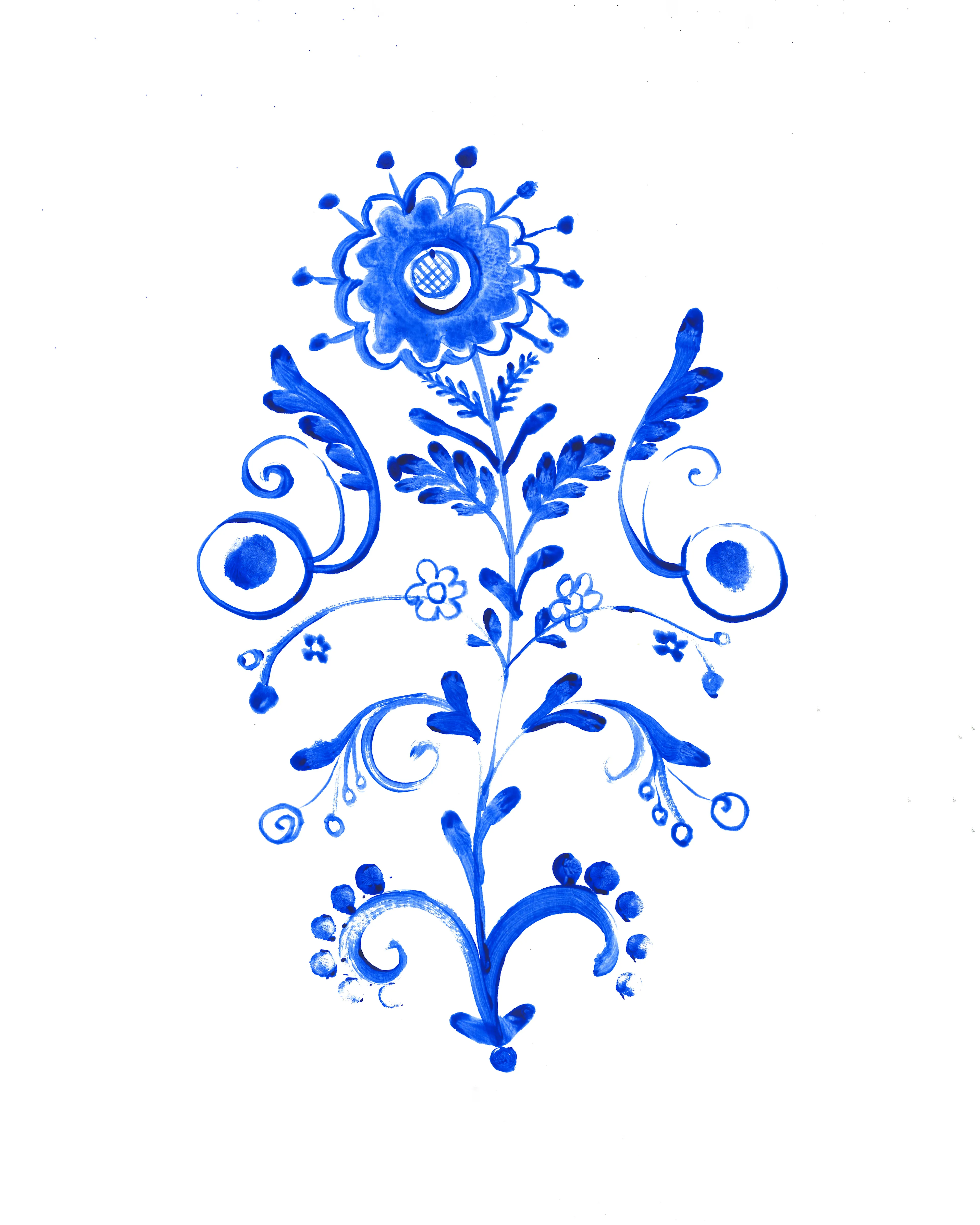Blue floral folk art design with stylized flowers, leaves, and swirls, arranged symmetrically on a white background. The central flower is large, surrounded by smaller blooms and decorative curves.