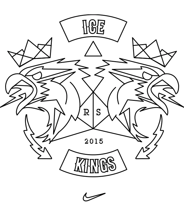 Black and white line art featuring two crowned eagles facing outward with geometric shapes, the words “ICE KINGS,” “2015,” “RS,” and a small Nike logo at the bottom.