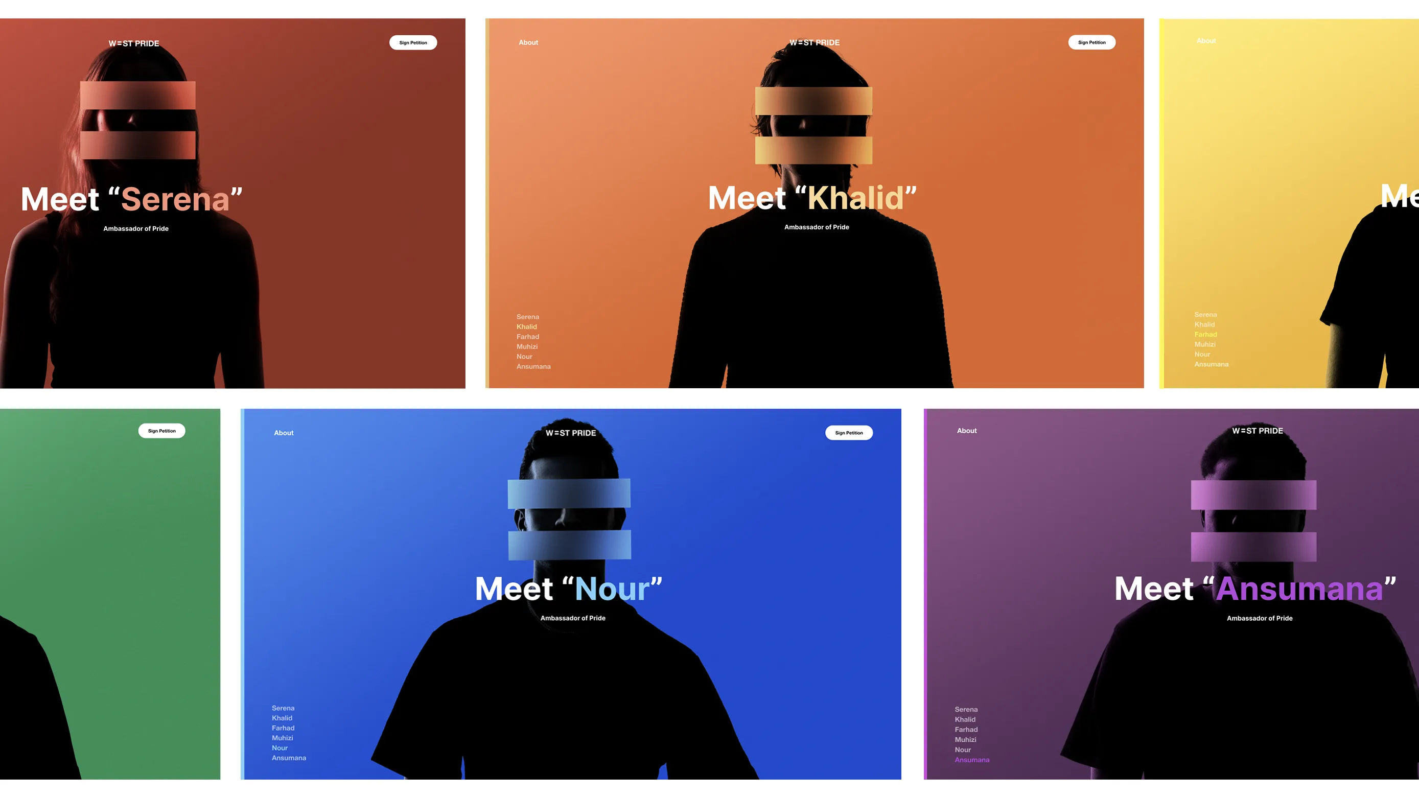 A grid of six stylized portraits with colorful backgrounds, each featuring a person with their facial features obscured by gradient bars. Text on each portrait introduces them as Serena, Khalid, Nour, and Ansumana.