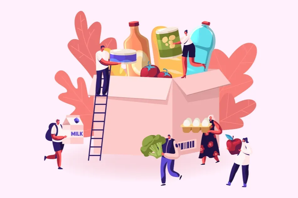 Illustration of people placing and carrying groceries like milk, eggs, vegetables, and jars around a large open box, with leaves in the background.