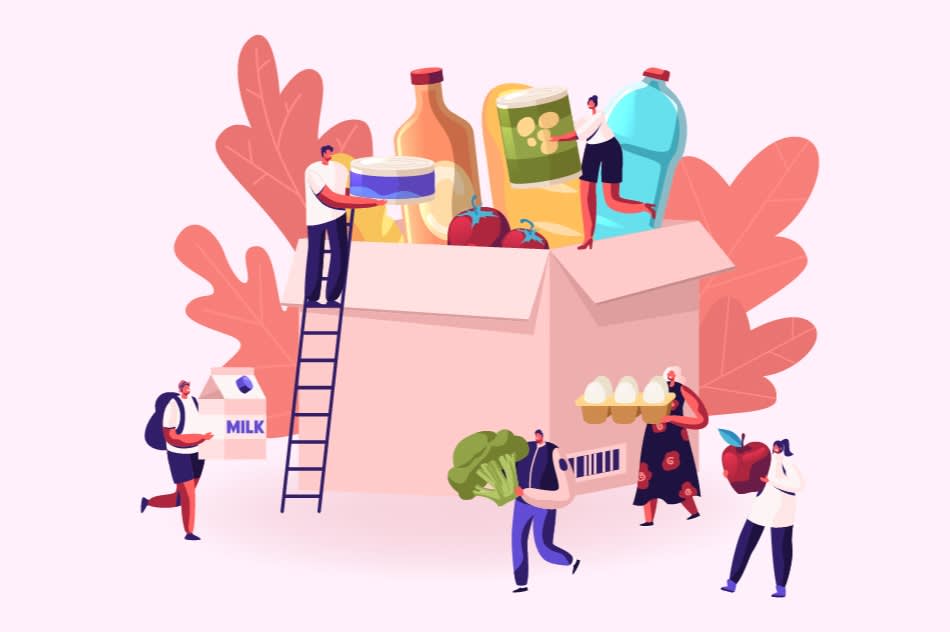 Illustration of people placing and carrying groceries like milk, eggs, vegetables, and jars around a large open box, with leaves in the background.