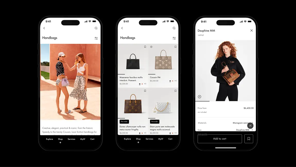 Three smartphone screens showing a luxury handbag website, including a product discovery page and a specific product page for the Dauphine MM bag with an Add to cart button.