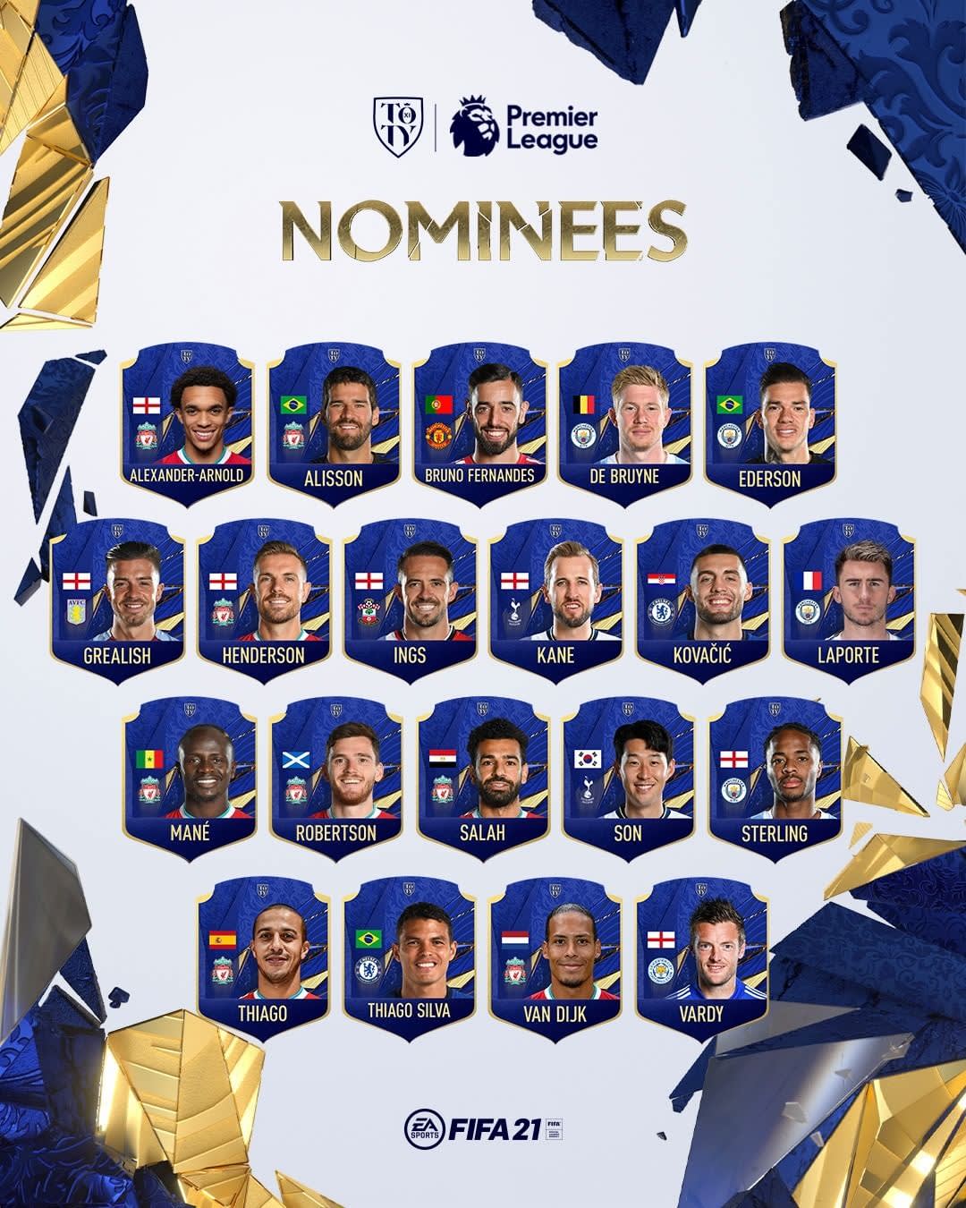 A graphic showing 20 Premier League footballers nominated for FIFA 21 awards, with headshots of each player, their names, and national flags displayed beneath the word NOMINEES on a blue and gold background.