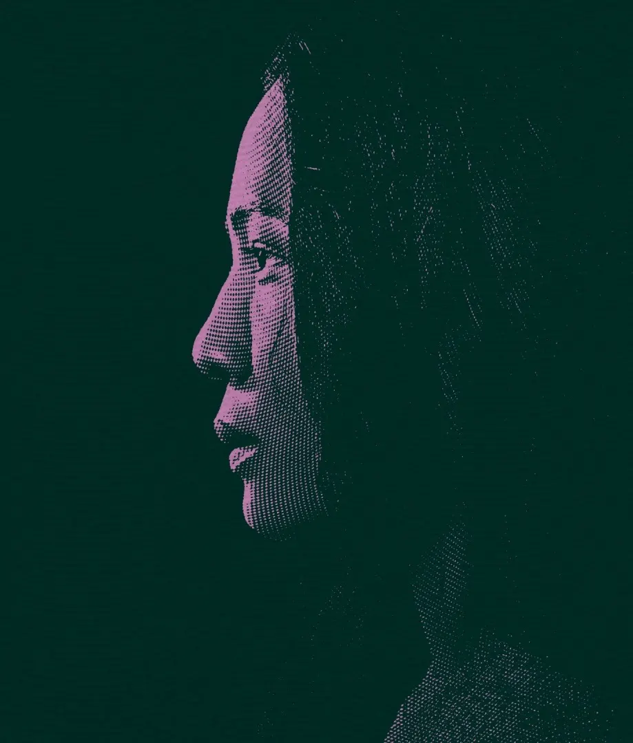 A stylized, monochrome portrait of a woman in profile, with pinkish highlights and textured, dot-like patterns against a dark background. Her expression is calm and thoughtful.
