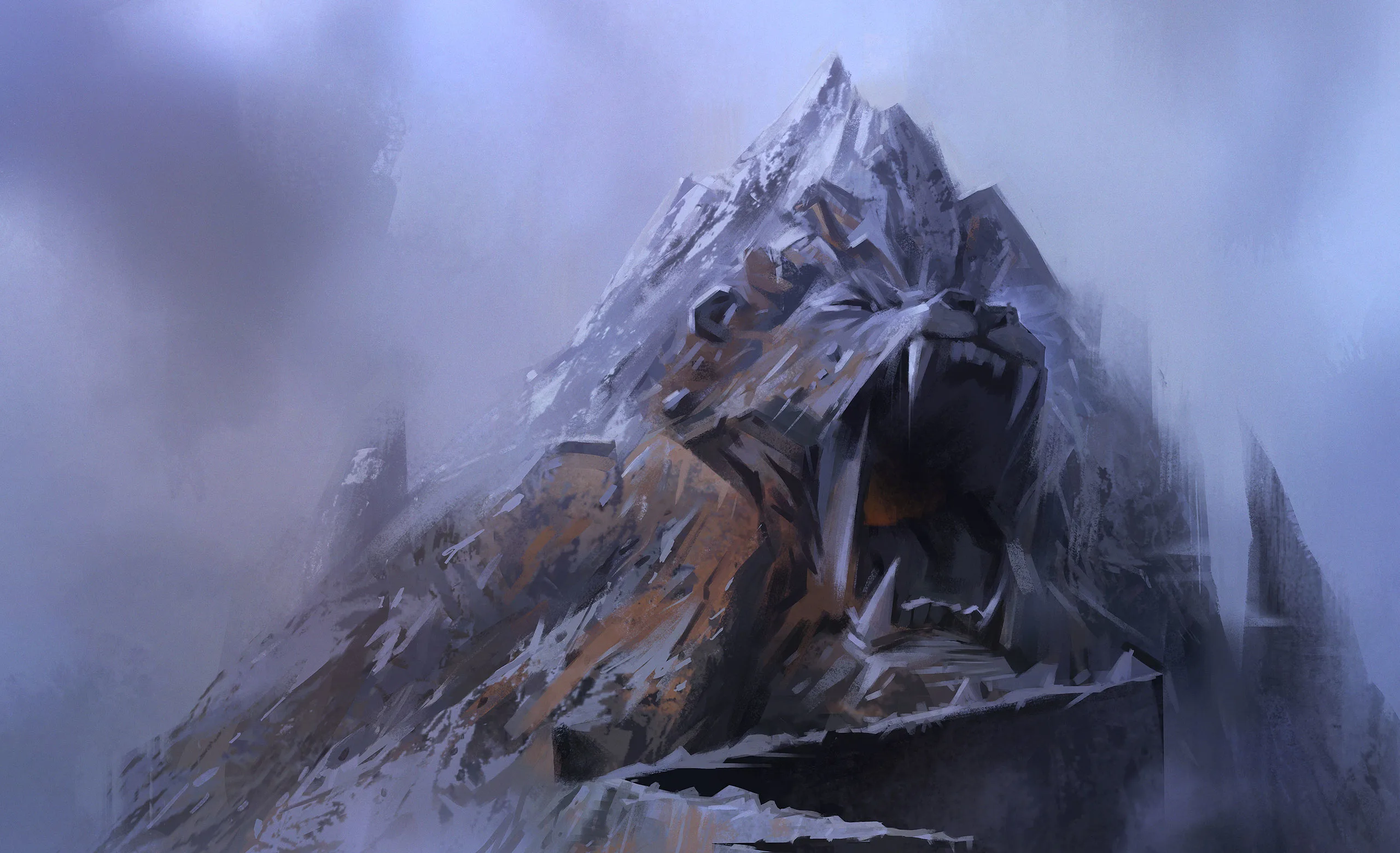 A misty mountain with a large, stone sculpture of a roaring animal’s head, possibly a lion or bear, carved into its side, blending with the rocky terrain.