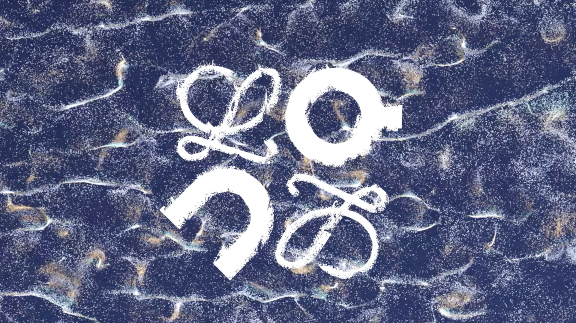 White letters forming the word LOVE in a playful, handwritten style are arranged on a dark, textured background resembling waves or rippling water.