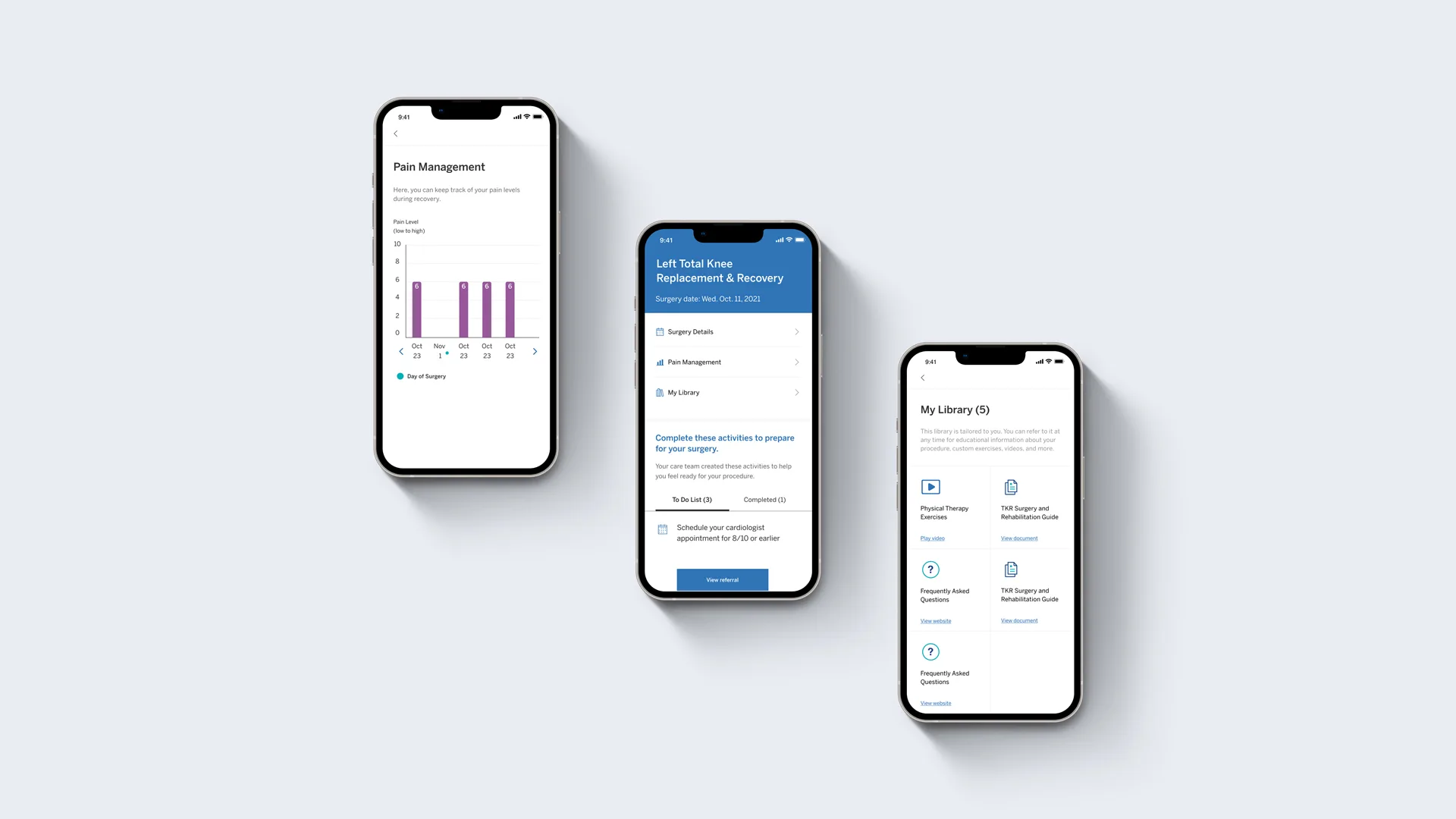 Three smartphones display different health-related app screens: a pain management graph, a joint replacement recovery checklist, and a user library with resources and action items. All phones are set against a light gray background.