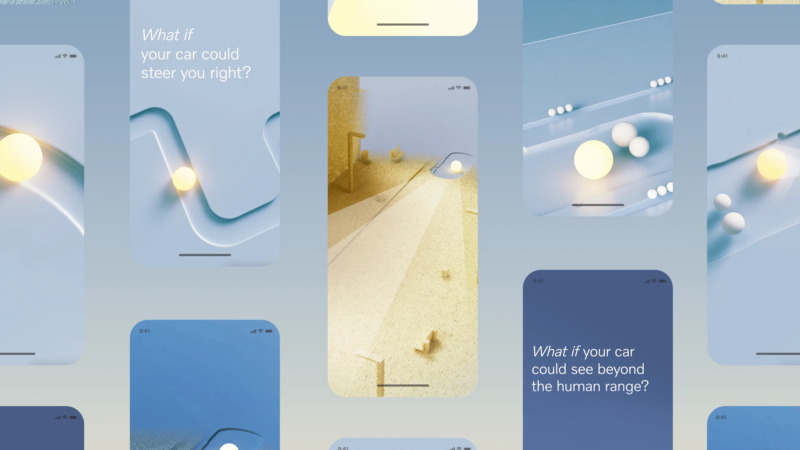 A collage of smartphone screens displaying abstract images of spheres on winding roads, paired with text such as “What if your car could steer you right?” and “What if your car could see beyond the human range?”.