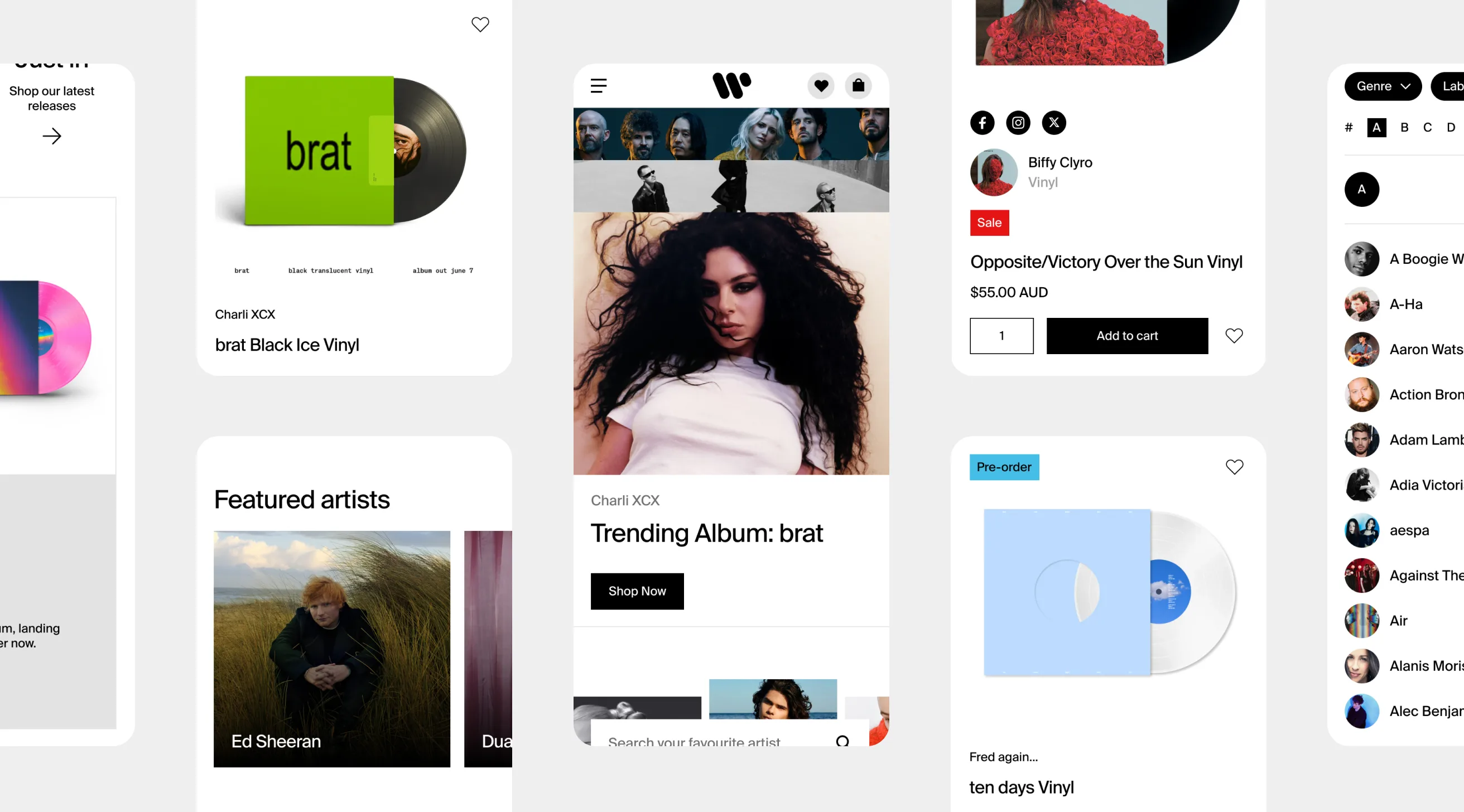 A collage of music app screens featuring vinyl records, artist profiles, album covers, and a music store interface, with artists like Charli XCX and Ed Sheeran prominently displayed.