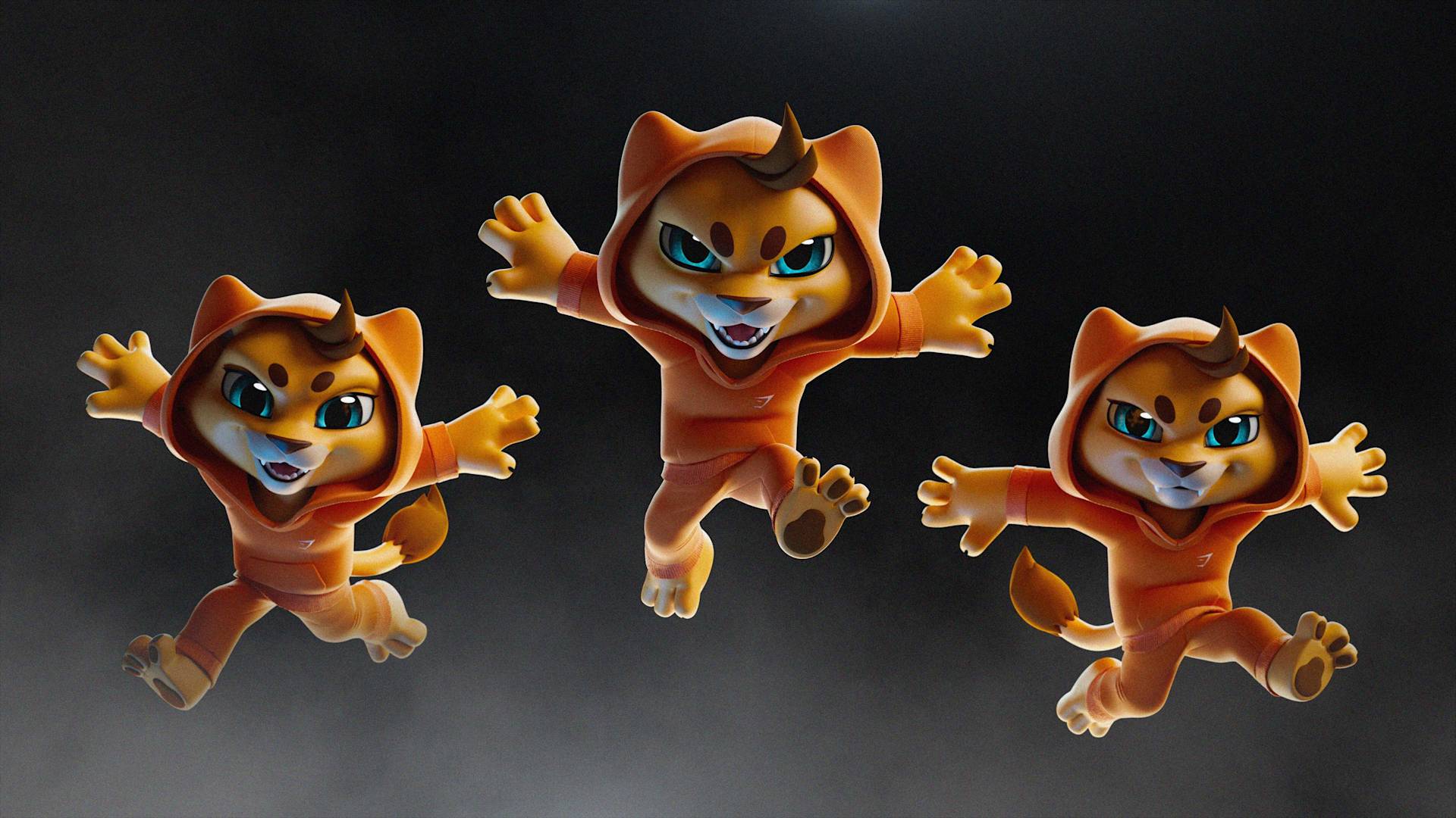 Three animated cat characters in orange hooded jumpsuits leap energetically against a dark, smoky background, each with a fierce expression, blue eyes, and outstretched arms and legs.