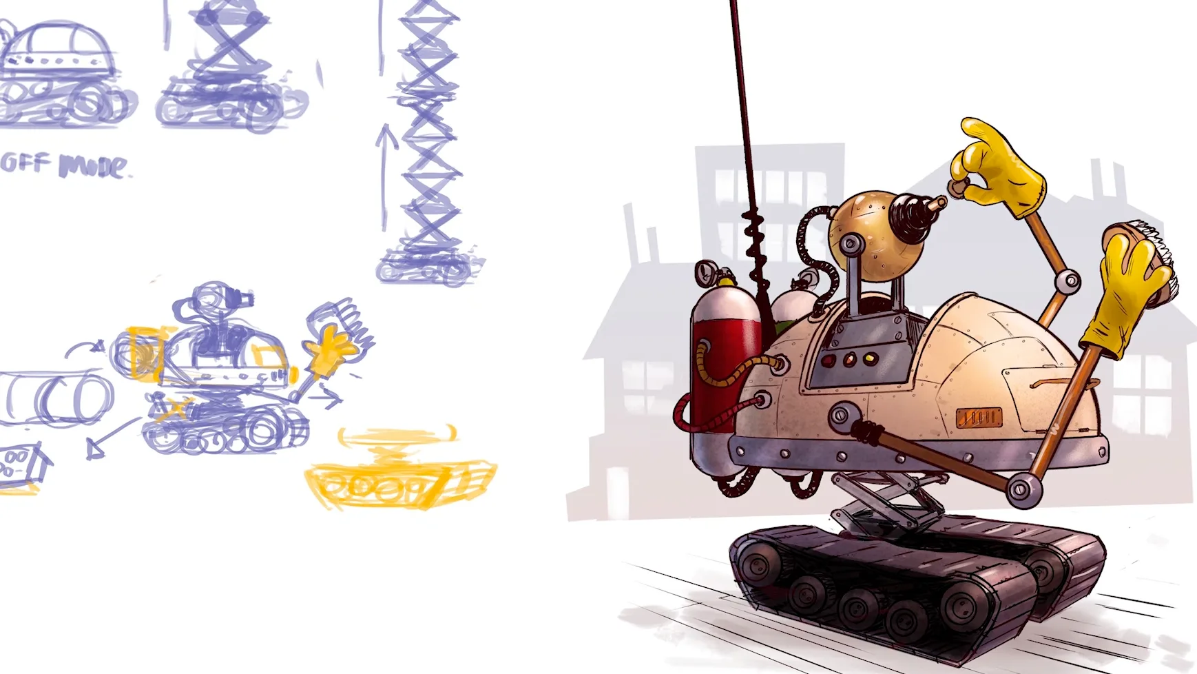 A quirky robot with tank treads, yellow gloves, an antenna, and a mechanical arm points upward. Sketches and design notes are shown on the left, with the finished robot moving to the right against a white background.