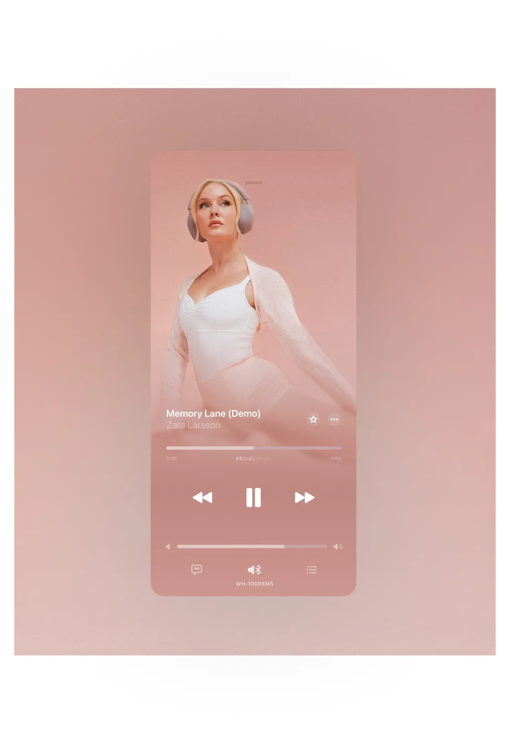 A music player interface on a pink background displays Zara Larssons Memory Lane (Demo) with her photo; she wears white and looks upward, framed by soft pink tones. Playback controls are visible below the song details.