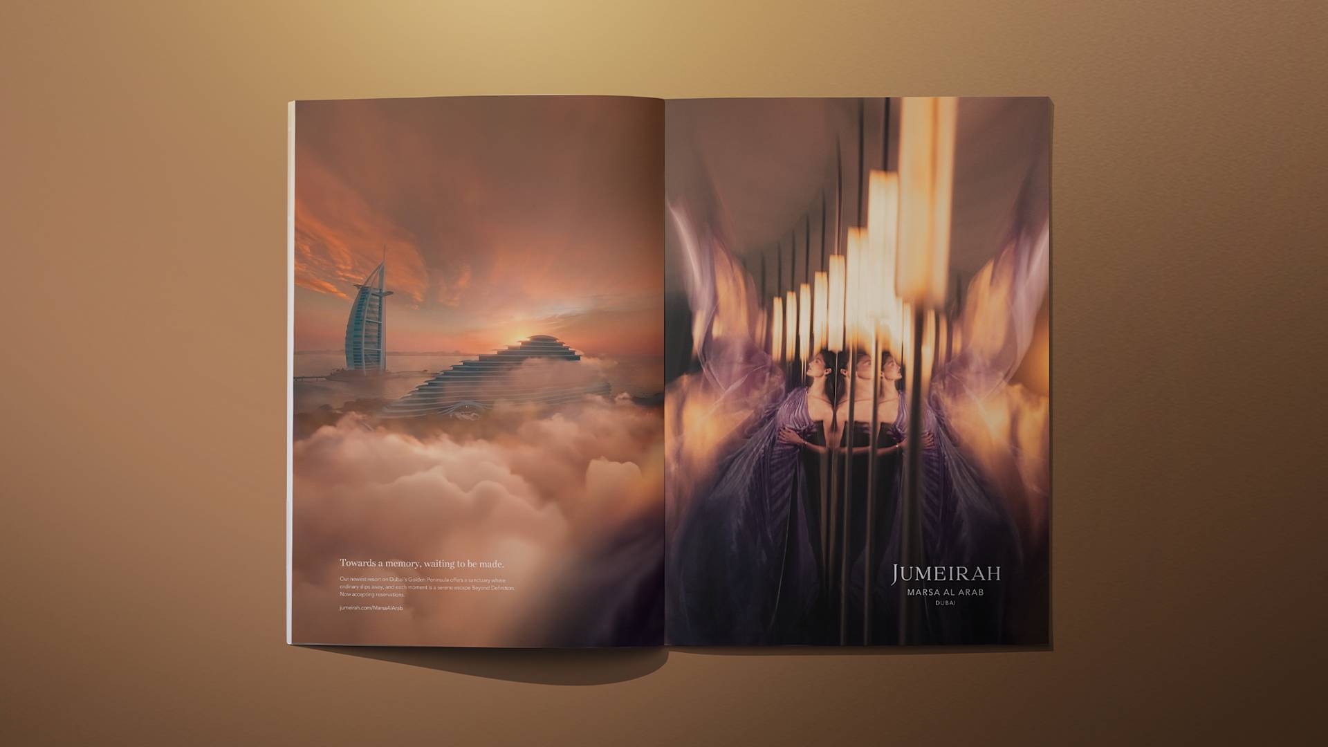 A magazine spread shows a luxury hotel above clouds at sunset on the left, and a woman in an elegant dress looking into mirrored panels on the right. The text reads Jumeirah Hotels & Resorts.