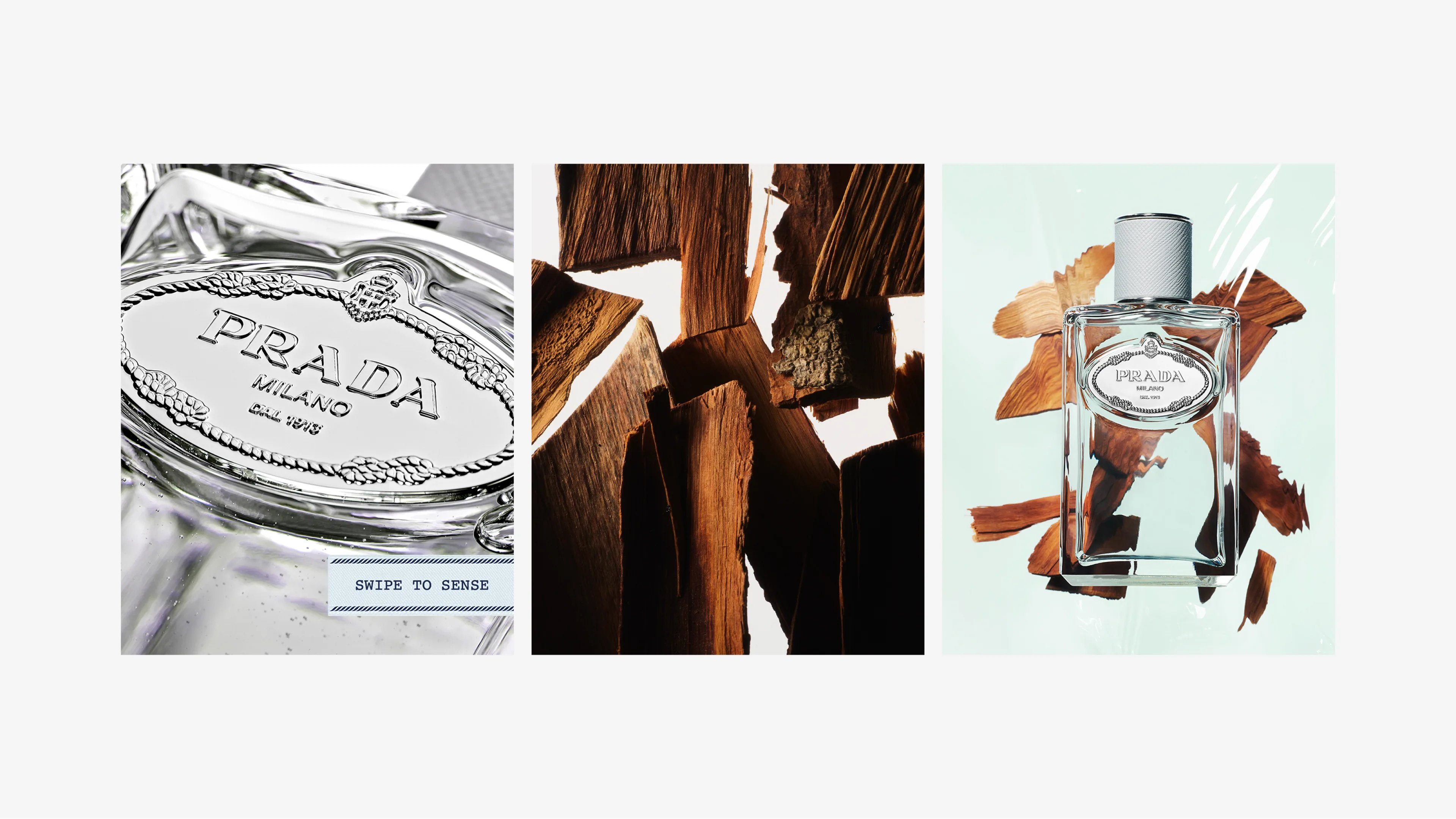 Three-panel image: left shows a close-up of a Prada perfume bottle cap; center displays pieces of brown wood; right features a full Prada perfume bottle against a light background with wood pieces behind it.