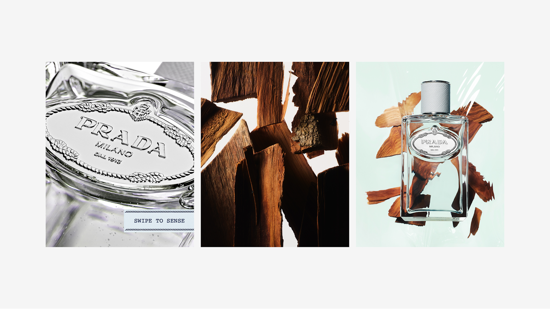 Three-panel image: left shows a close-up of a Prada perfume bottle cap; center displays pieces of brown wood; right features a full Prada perfume bottle against a light background with wood pieces behind it.