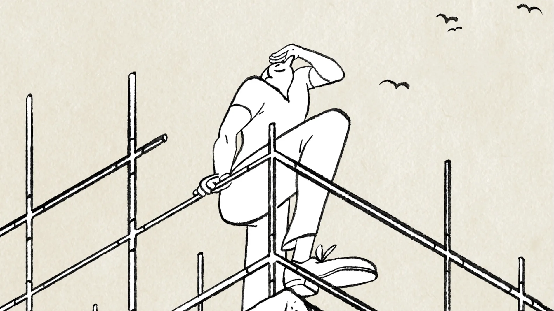 A person sits on scaffolding, shielding their eyes with one hand and looking into the distance. Birds fly in the sky above. The drawing is in a minimalist black-and-white style.
