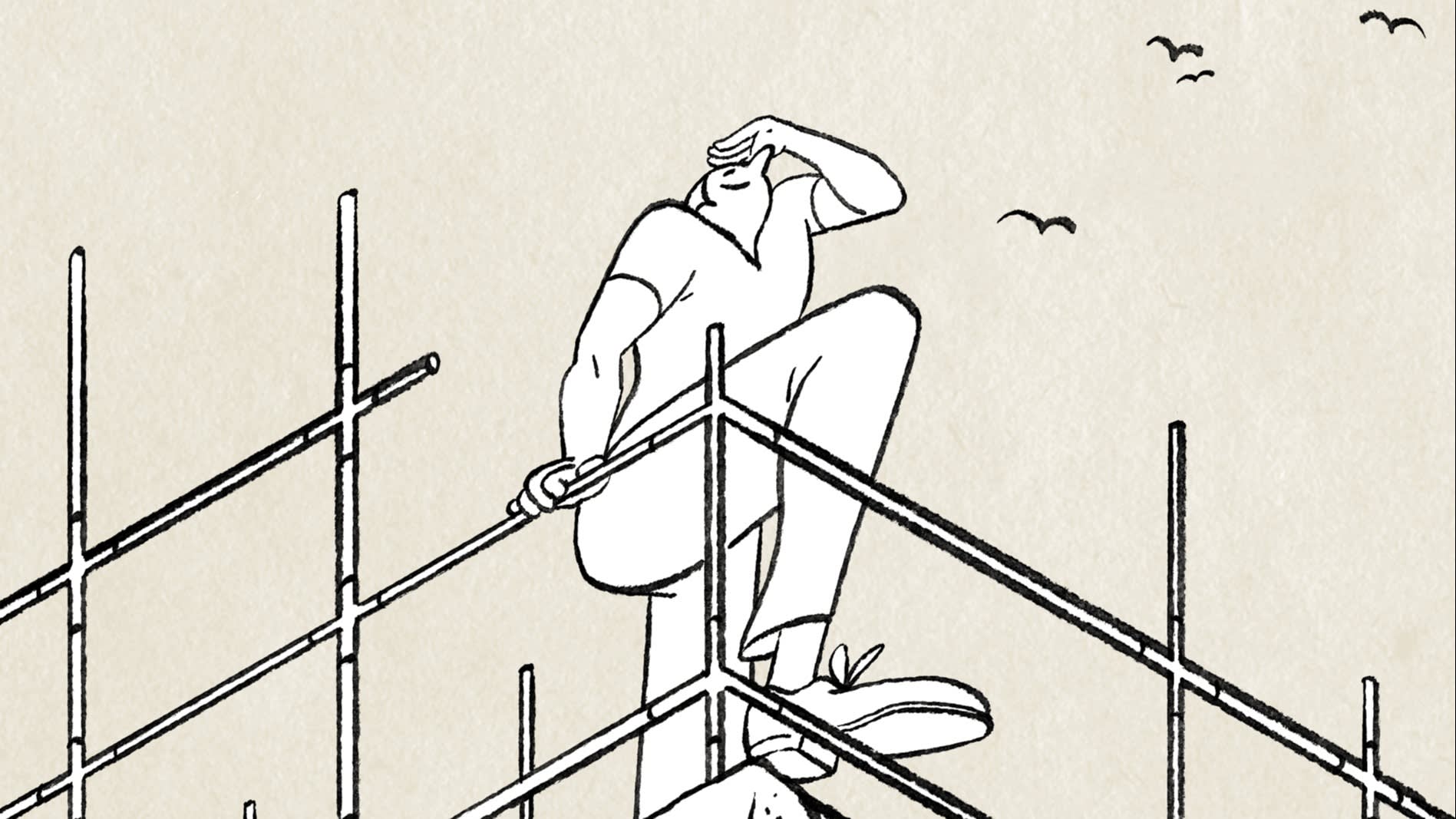 A person sits on scaffolding, shielding their eyes with one hand and looking into the distance. Birds fly in the sky above. The drawing is in a minimalist black-and-white style.