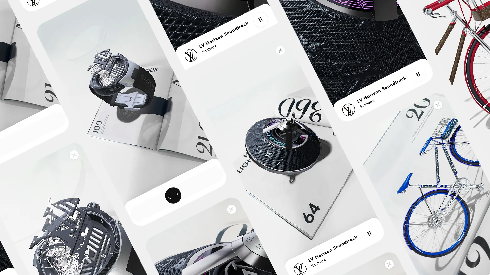 A collage of luxury items including intricate watches, designer bicycles, and modern gadgets, each displayed on white platforms, with some images overlaid by a music player bar featuring the “LV Horizons Soundtrack” logo.
