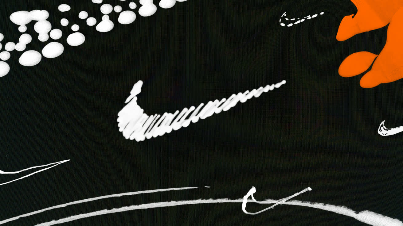 White Nike swoosh logo sketched on a black background, with white dots and lines above and below, and orange shapes in the top right corner.